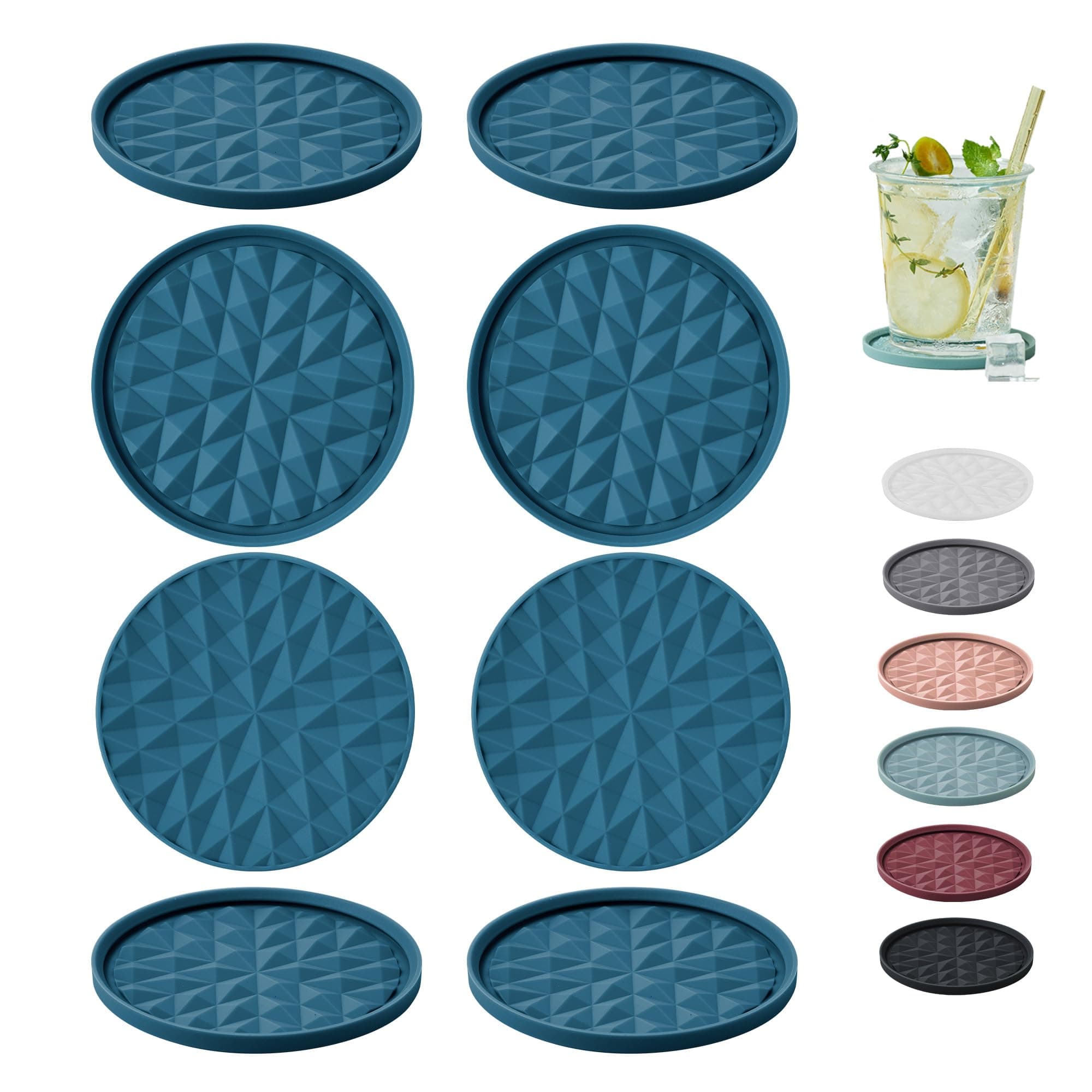 Silicone Coasters for Drinks[8 Pack, No Holder]- Cup Mat for Tabletop Protection-Non-Slip, Non-Stick, Coffee Table Decor, Great Gift for Any Occasion, Dark Blue