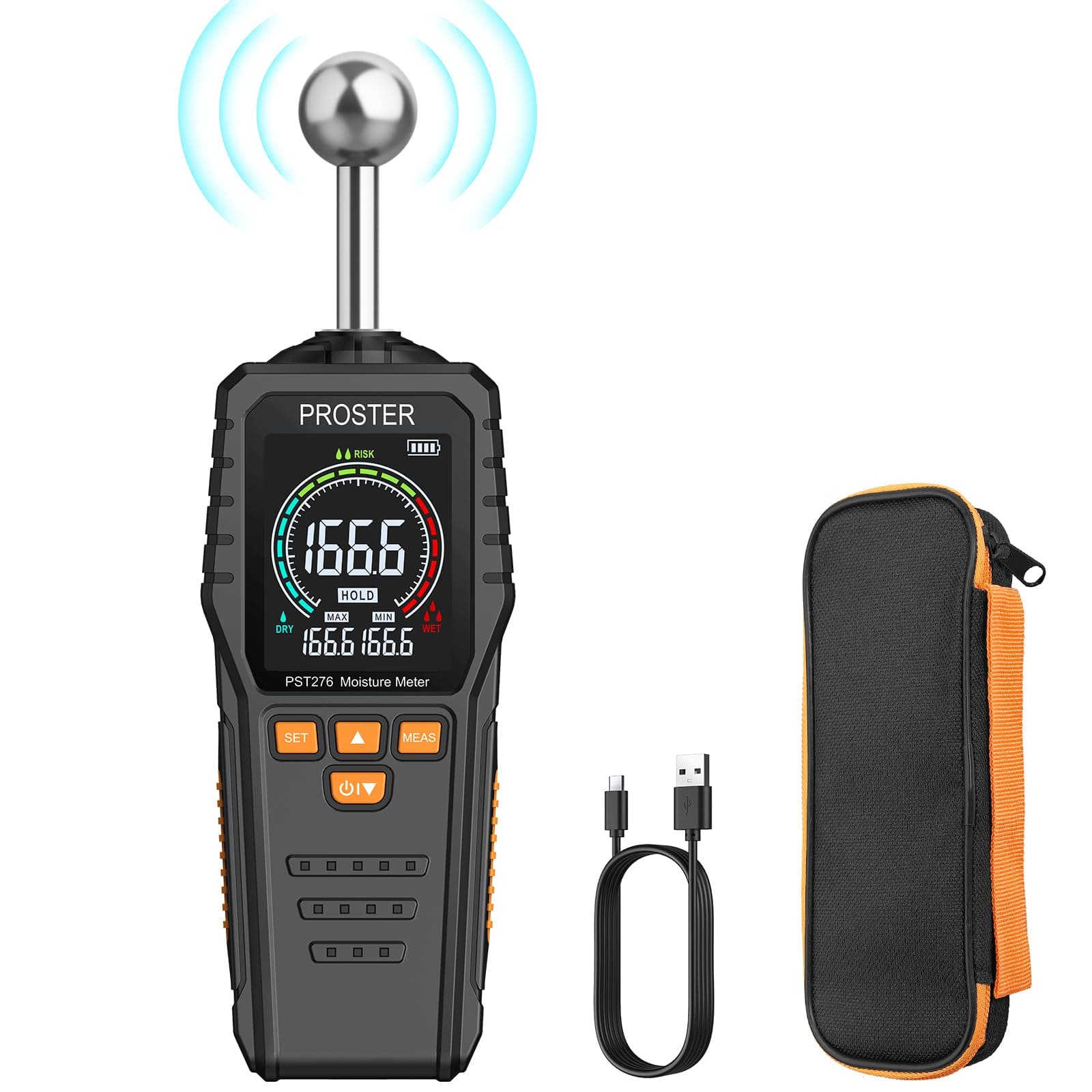 Rechargeable Moisture Meter - Pinless Damp Meter for Walls with 2.4 inch Colour LCD Screen Sound Light Alarm Damp Detector Detects 5-40 mm Depth for Wood Building Cardboard Concrete