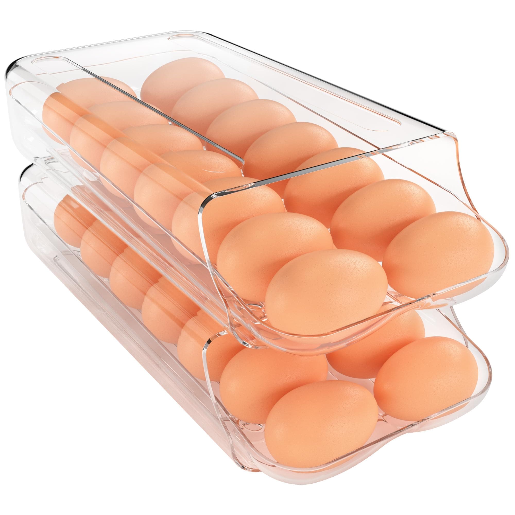 Egg Holder for Fridge, Automatic Rolling Egg Container for Refrigerator, Clear Plastic Egg Dispenser, Stackable Eggs Organizer with Quick Removable inner Tray For Organizers and Storage, 2 Pack