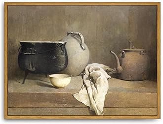 Roslynity Framed Canvas Wall Art Vintage Print Oil Paintings Pottery Still Life Farmhouse Country Grey Rustic Retro Aesthetic Artwork for Home Living Room Bathroom Kitchen Wall Decor (12"x16")