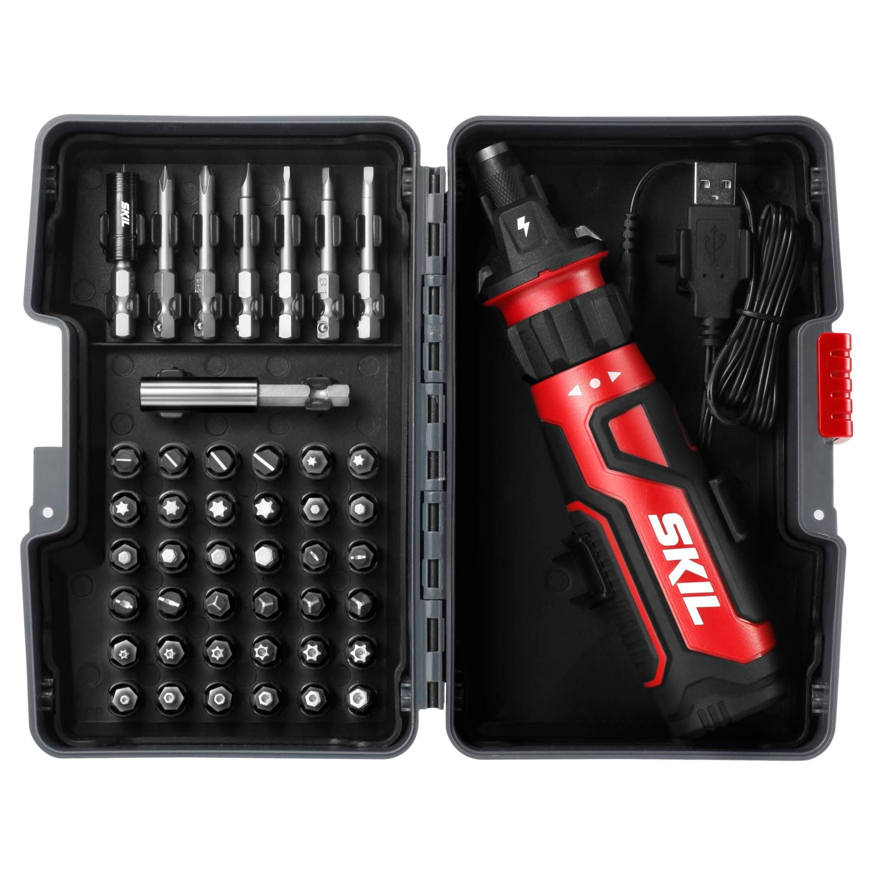 Rechargeable 4V Cordless Screwdriver with Circuit Sensor Technology Includes 45pcs Bit Set, USB Charging Cable, Carrying Case - SD561204