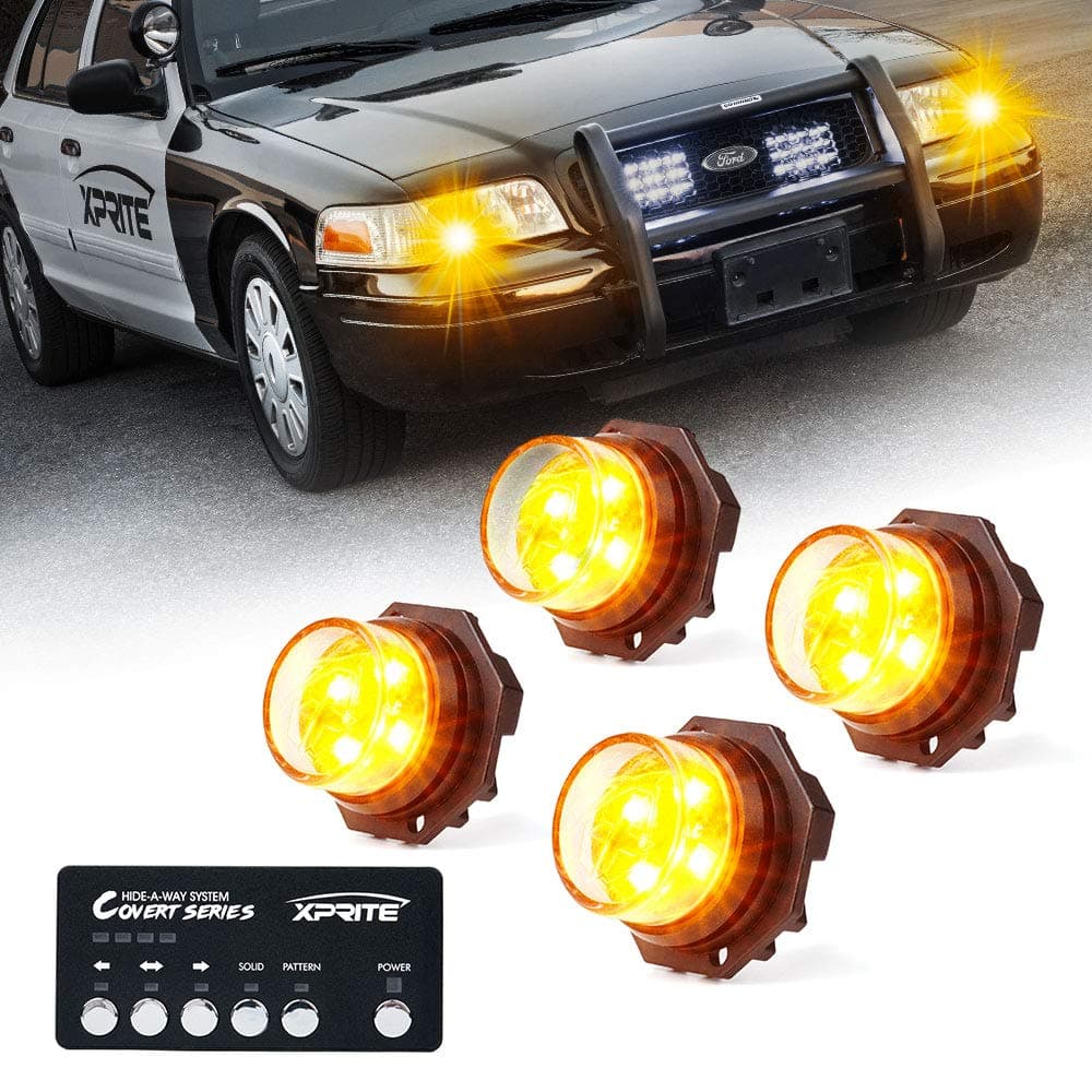 Xprite Amber/Yellow LED Hideaway Strobe Lights Kit 20 Flash Patterns Hazard Warning Light for Trucks, Police Cars, Emergency Vehicles - 4 PCs