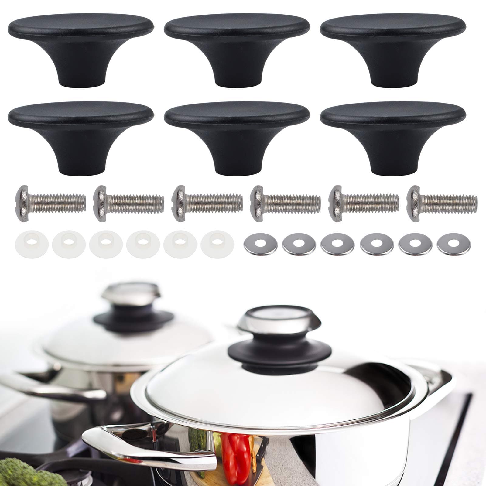 6 Sets Dutch Oven Knob, Replacement Knob Pot Lid Handle for Pots and Pans, Silicone Pot Lid Knob Fit for Le Creuset, Aldi, Lodge and Other Enameled Dutch Oven, Black (21.10.63 inch)