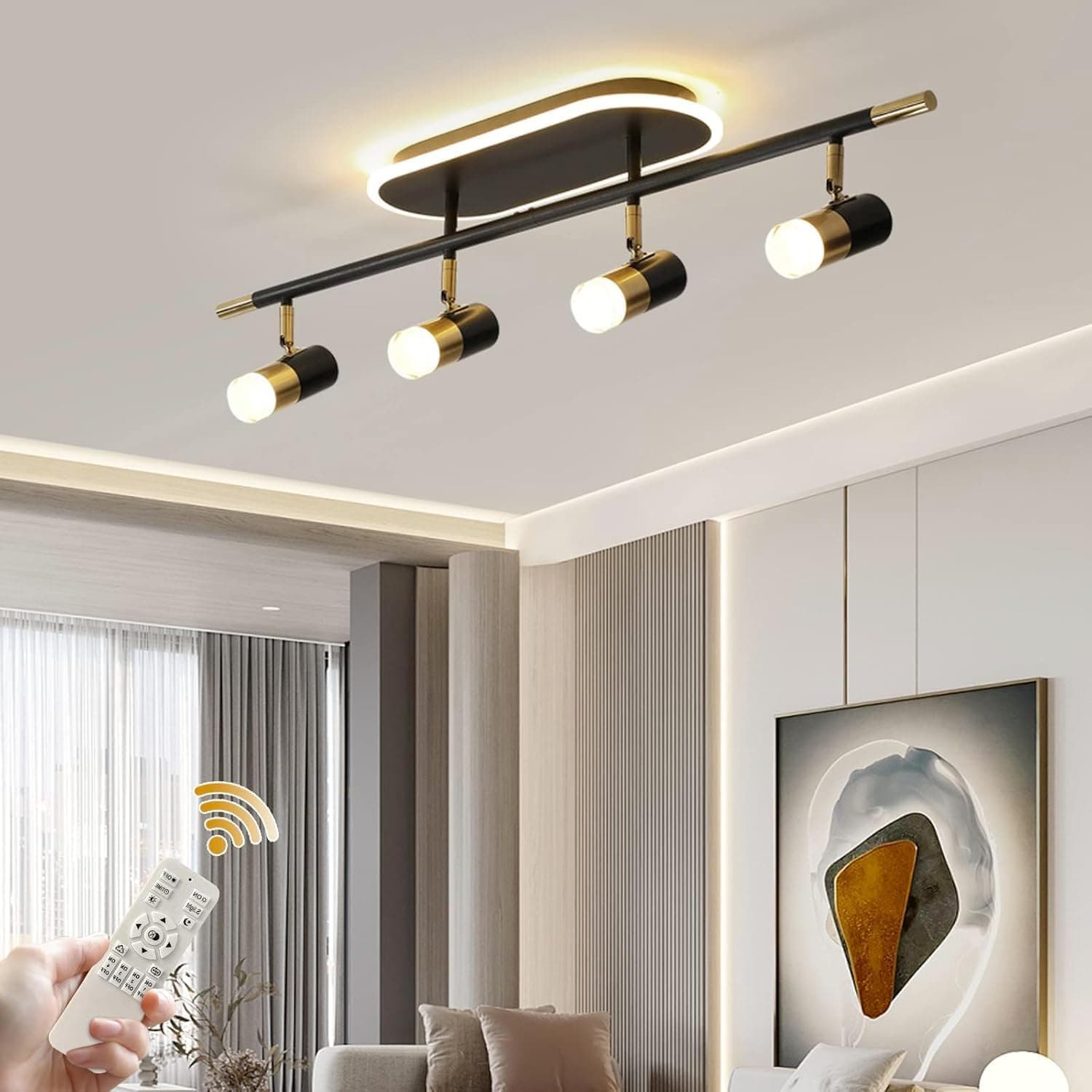 Ganeed Dimmable LED Ceiling Track Lighting, 4-Light Black&Gold Flush Mount Spotlight with Rotatable Light Head, Indoor Spot Lighting Fixture with Remote for Living Room Hallway Bedroom Kitchen Island
