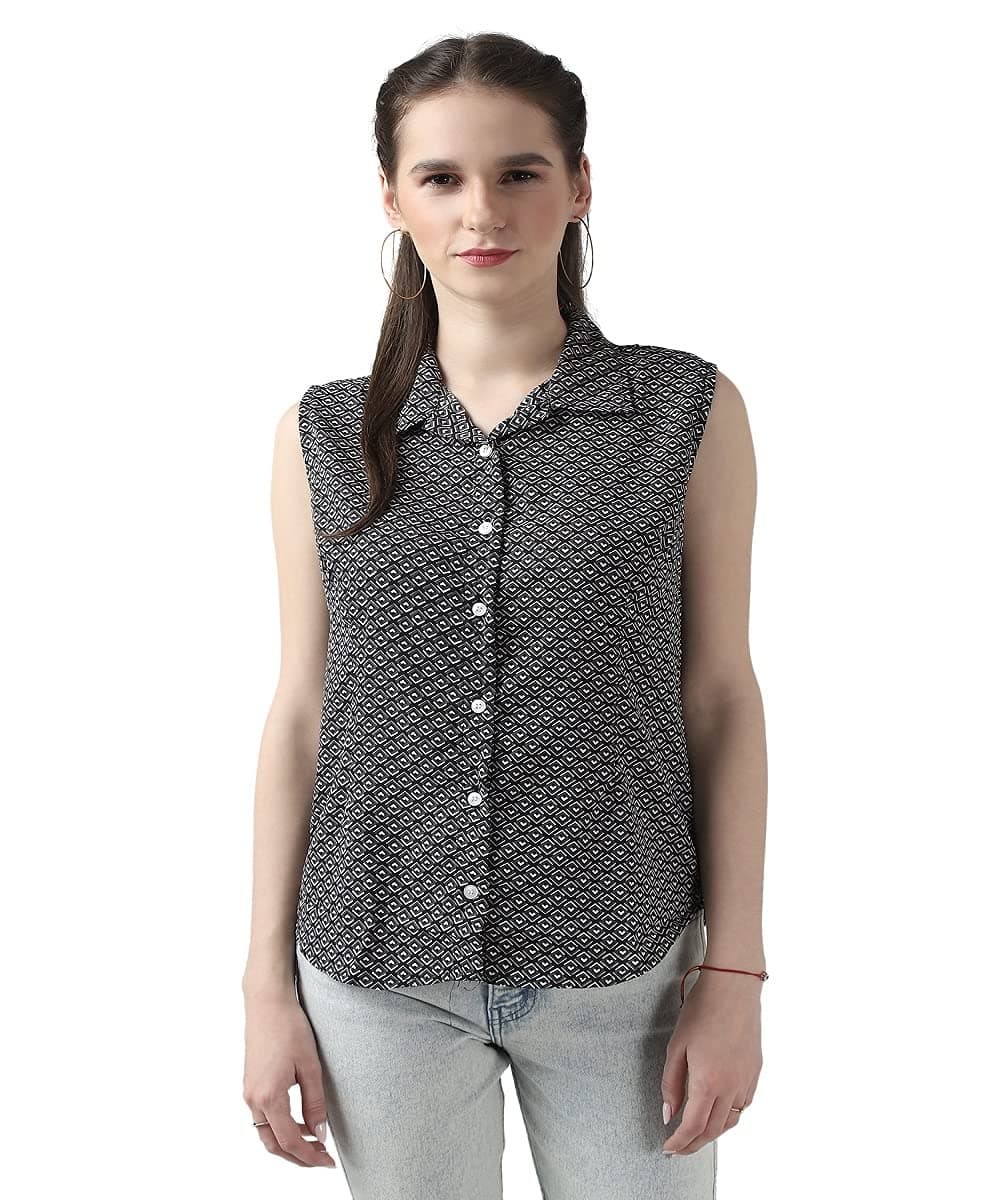Womens Collar Cut Sleeve Black and White Pattern Short Top