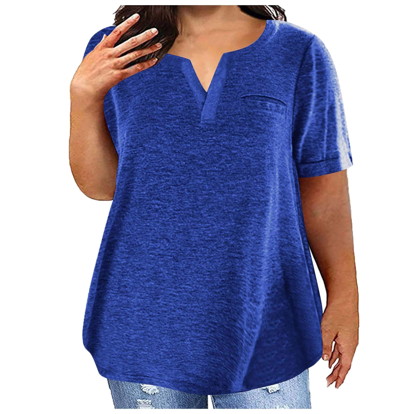 AttineWomen's 2024 Plus Size Tops Summer Solid V Neck Tunic Blouse Casual Loose Short Sleeve Tee Eyelet Embroidery T Shirts