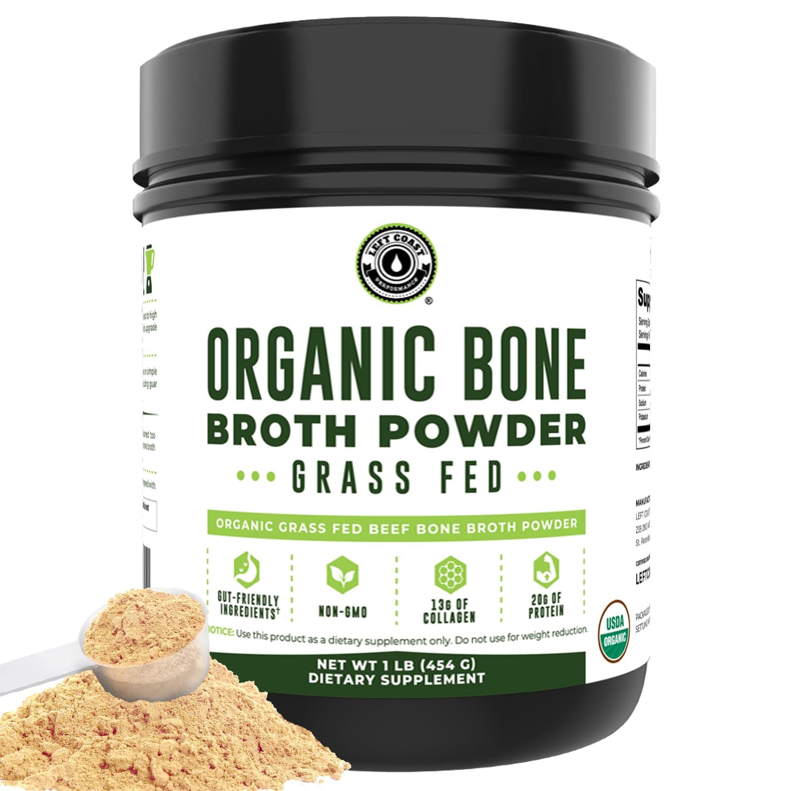 16oz Organic Bone Broth Protein Powder from Grass Fed Beef - USDA Certified Organic, Single Ingredient, Rich in Collagen, Glucosamine, No Additives, Perfect for Carnivore, Paleo, and Keto Diets