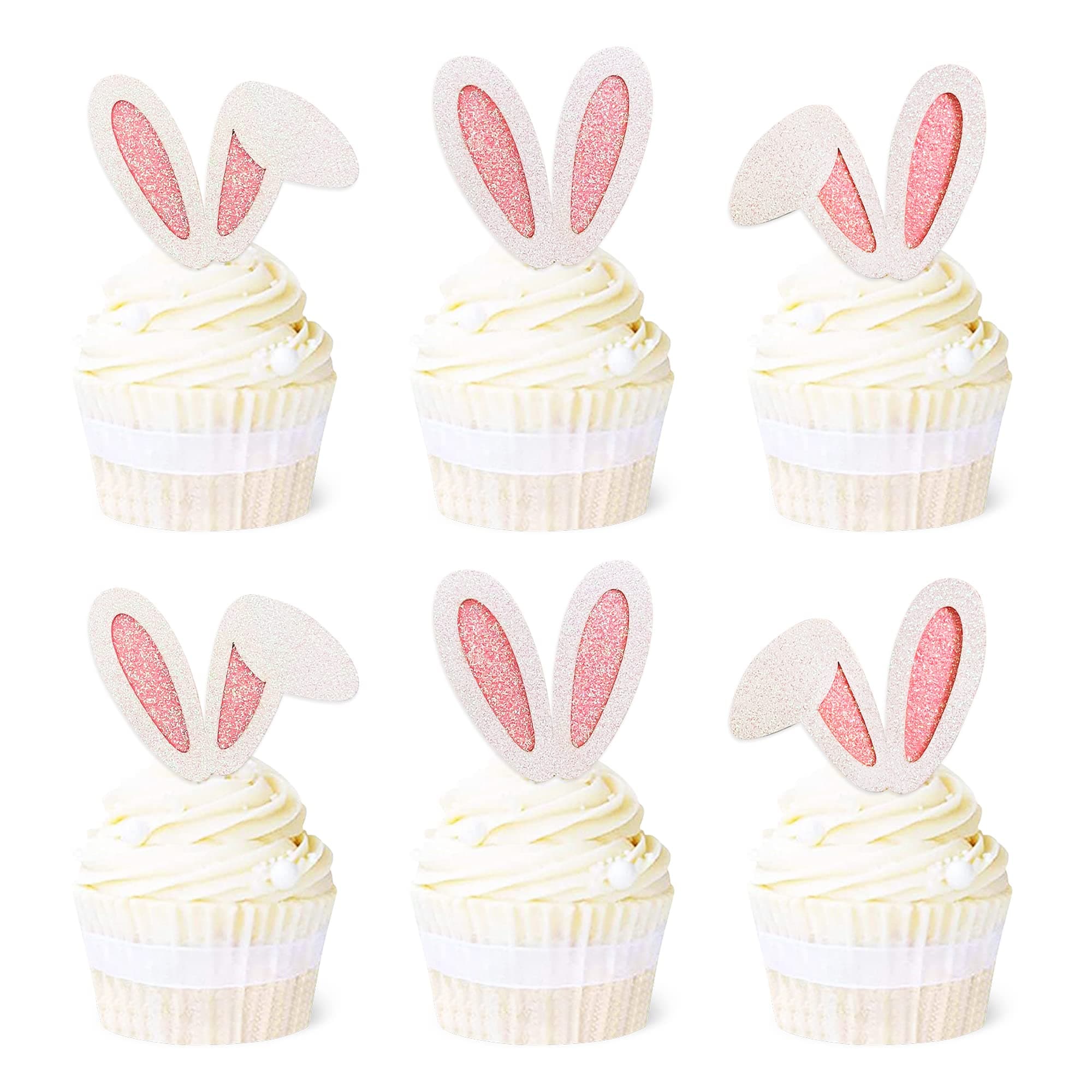 Ercadio 24 Pack Easter Bunny Ear Cupcake Toppers Glitter Pink Rabbit Ears Cupcake Picks Easter Bunny Cupcake Toppers Rabbit Cake Toppers for Kids Birthday Baby Shower Party Supplies