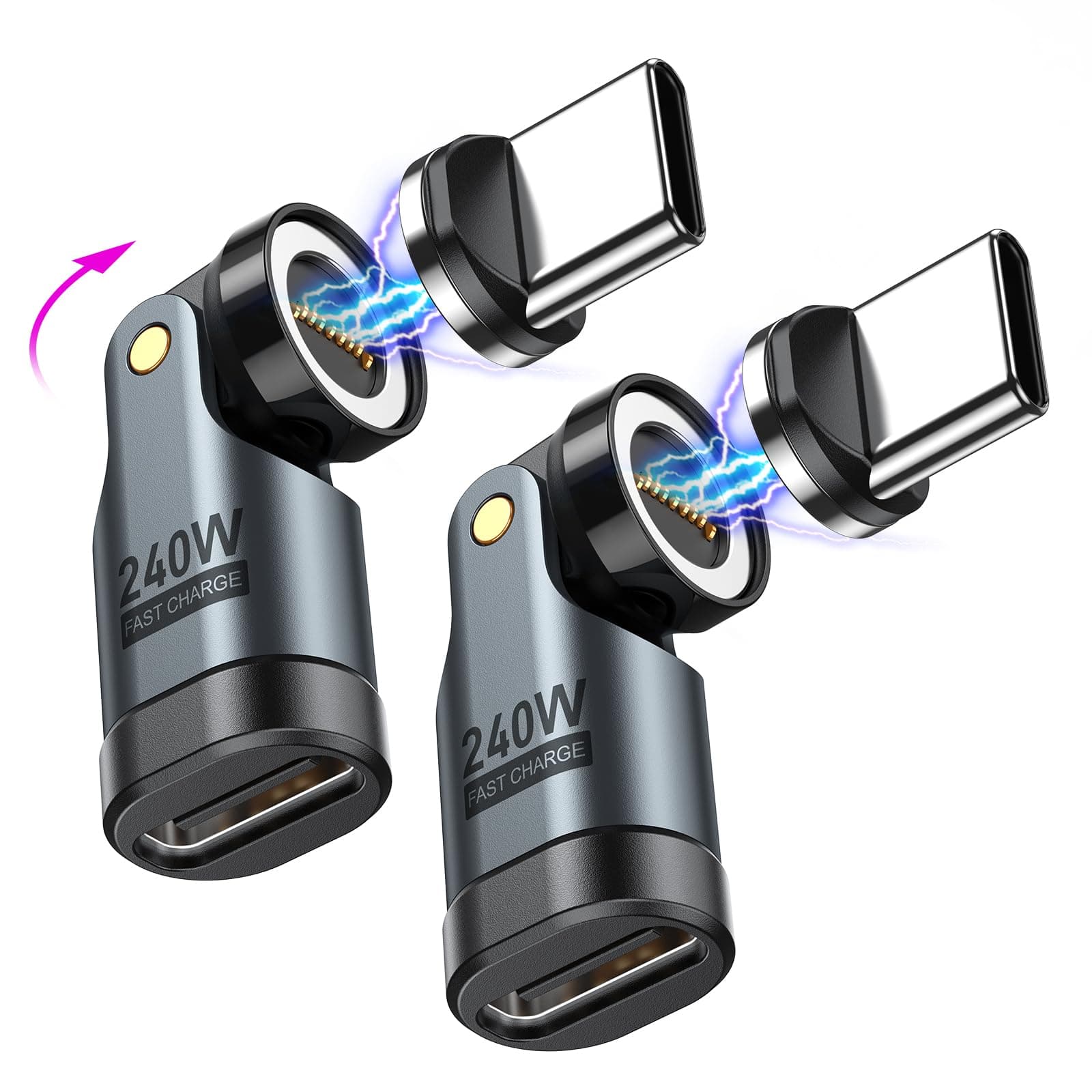 USB C Magnetic Adapter PD 240W(2Pack), 9PIN USB C 90 Degree Adapter/C Right Angle Adapters/360 &180 Degree C to C Adapters for 1Phone 17/16/15, Ma-Book Pro/1Pad Series, Samsung Galaxy, Tablet, Laptop