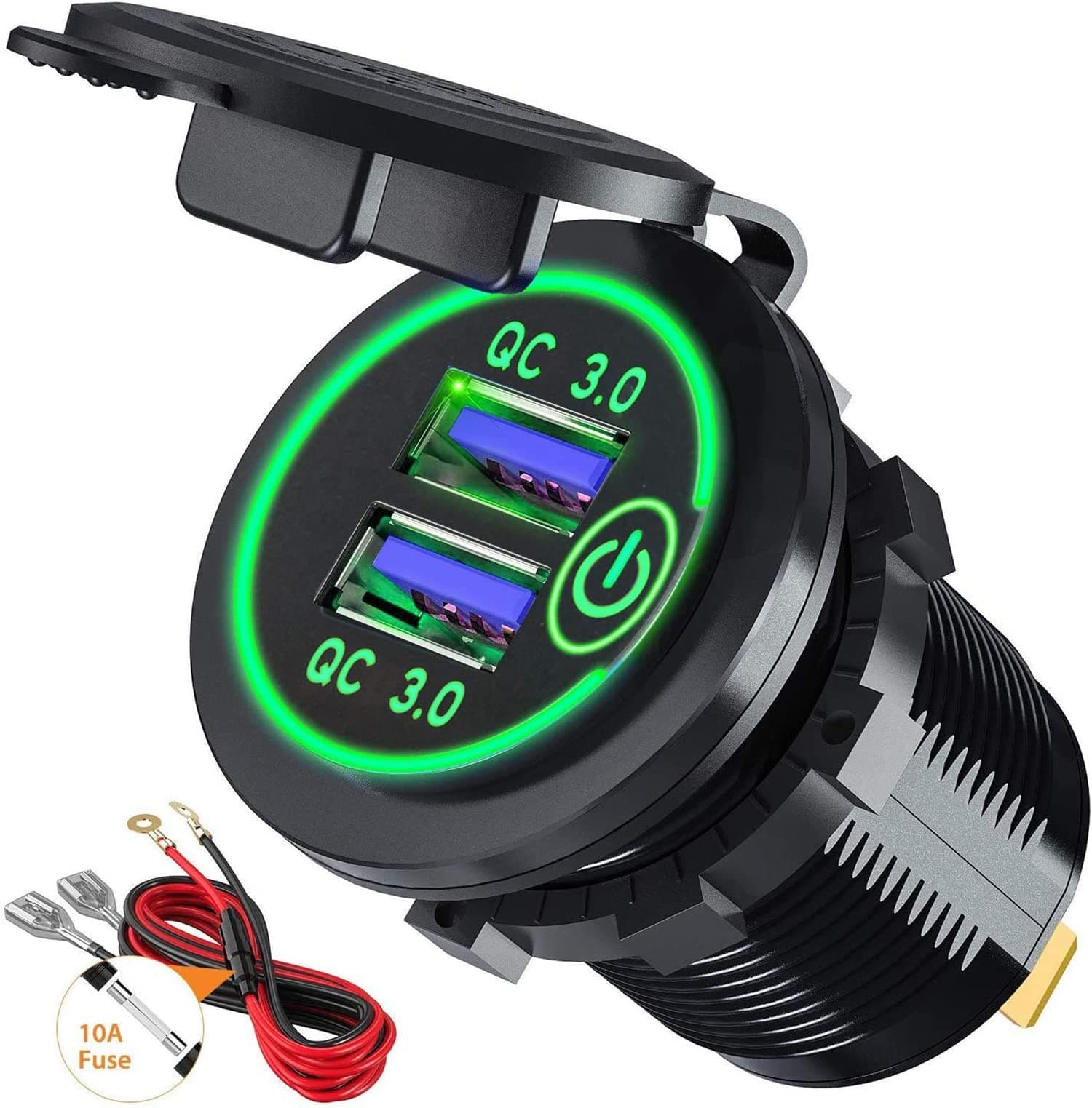 Car Charger, Quick Charge 4.0 PD Type C and 3.0 USB Socket, 12V/24V USB Outlet Car Power Outlet Waterproof With Dual Ports for Marine Boat Motorcycle Golf (Green)