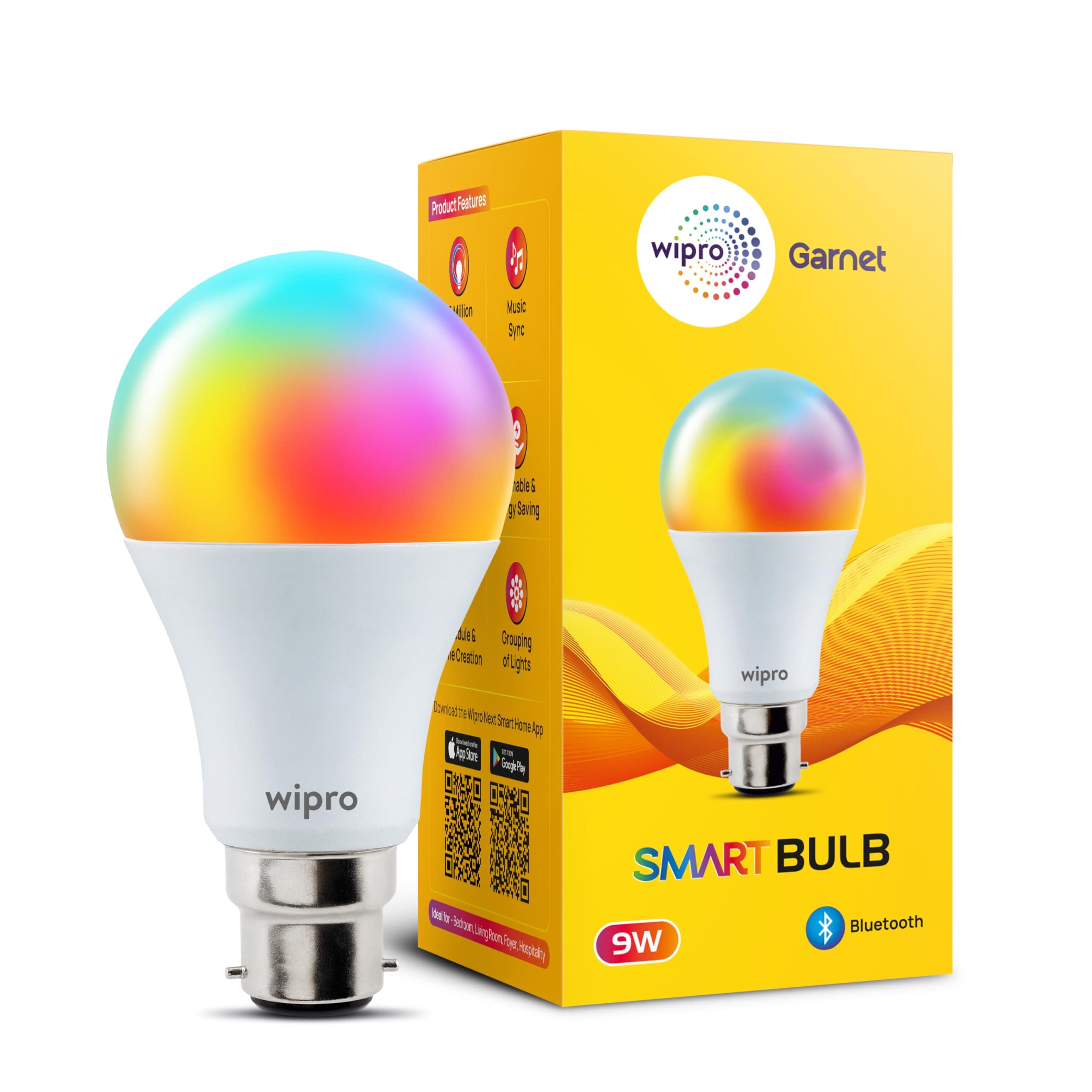 9W Bluetooth Enabled Smart Bulb B22 | 16 million Colours | White Tunable (Warm, Neutral & Cool White) | Dimmable | App-Control | Music Sync | Schedule & Scenes | Pack of 1