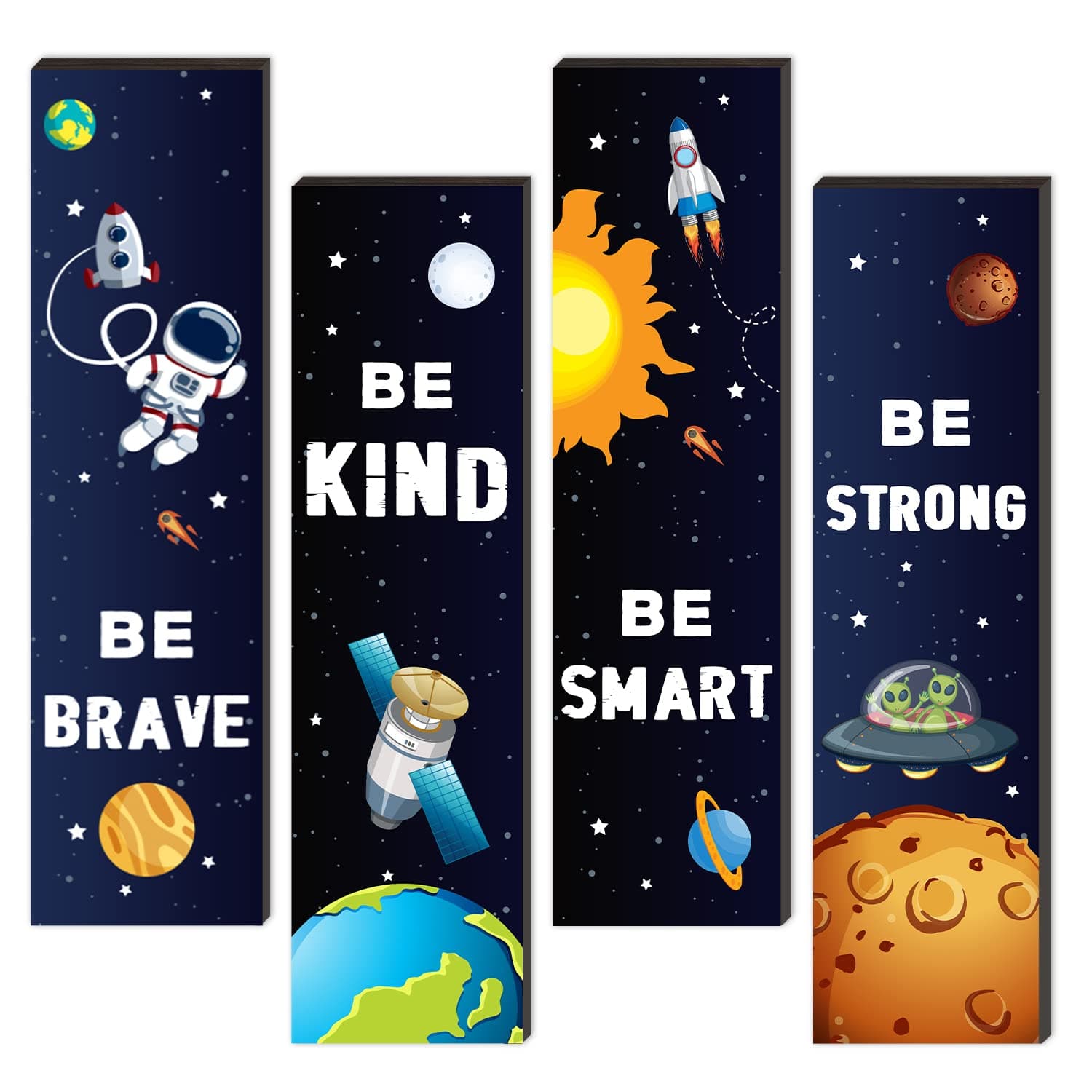SHLINCO 4 Pieces Space Decor Wooden Wall Plaques, Outer Space Theme Room Wall Art Decor, Boys Bedroom Decor Motivational Quote for Baby Kids Classroom Nursery