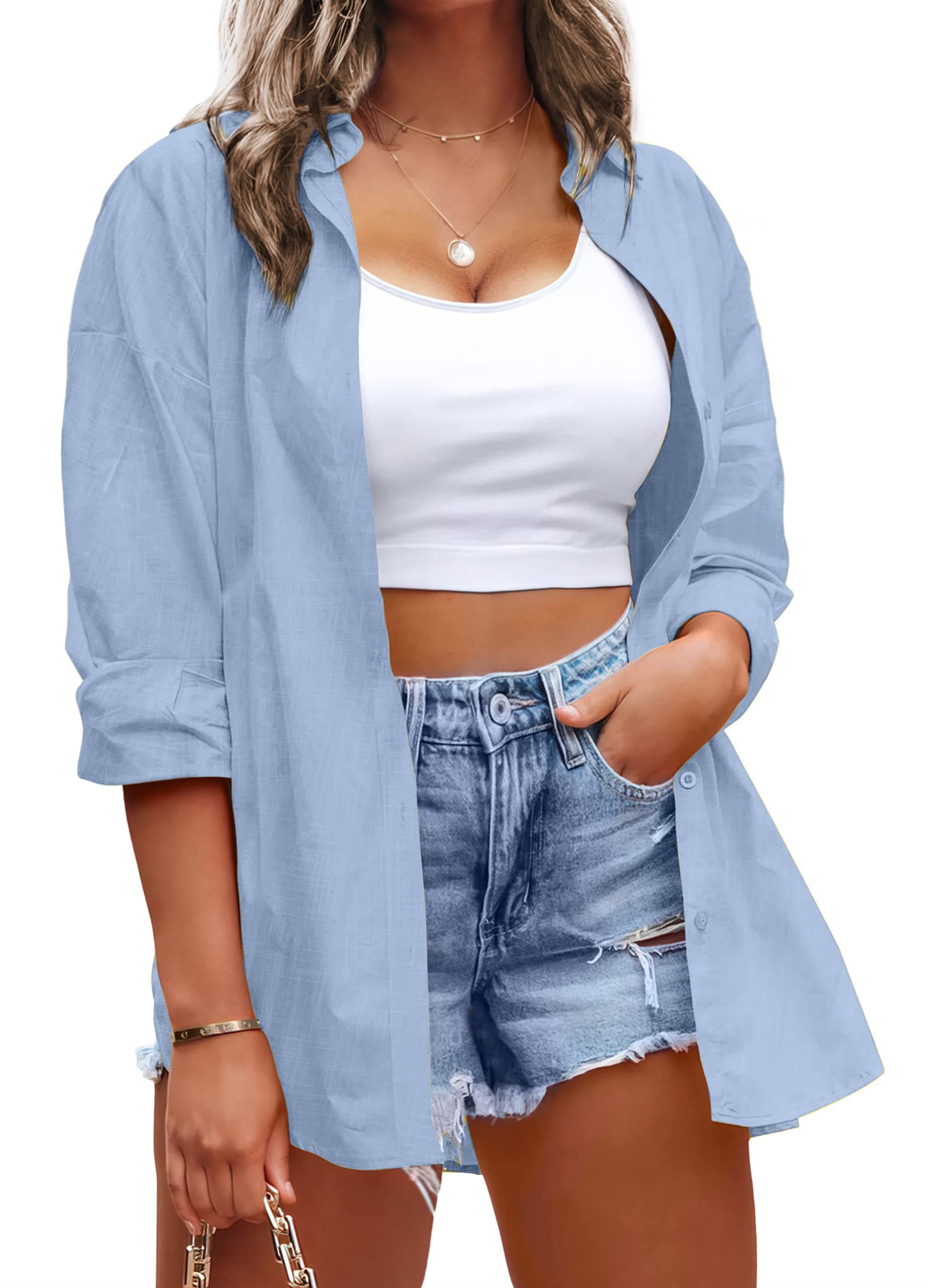 IN'VOLANDWomens Plus Size Button Down Shirt Classic Long Sleeve Button Front Shirt Women Casual Cotton Blouse 16-28W