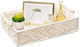 Mkono Macrame Decorative Tray with Wooden Handles Boho Decor Serving Tray Table Desktop Shelf Cabinet Storage Organizer for Bedroom Living Room Kitchen Nursery, Ivory