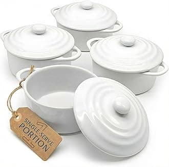 Ceramic Mini Cocotte Set, Small Casserole Dishes with Lids and Handles, Individual Baking Ramekins, Oven safe 350F, Microwave & Dishwasher Safe, Stoneware, 12 oz, Set of 4, (Swiss White)