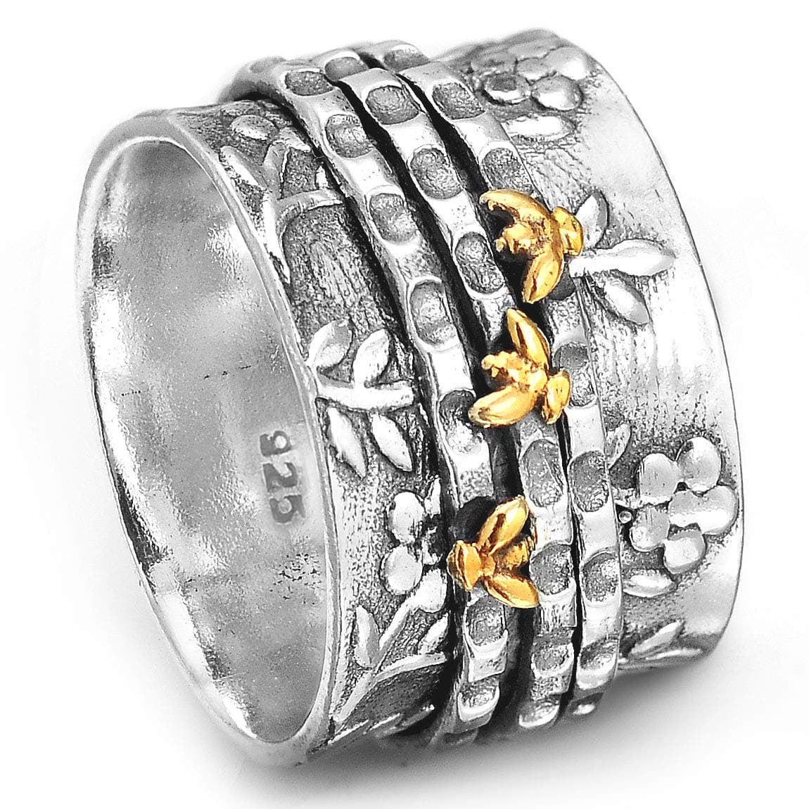 Boho-Magic Bee Spinner Ring for Women 925 Sterling Silver and Brass Flower Fidget Rings Band (10)