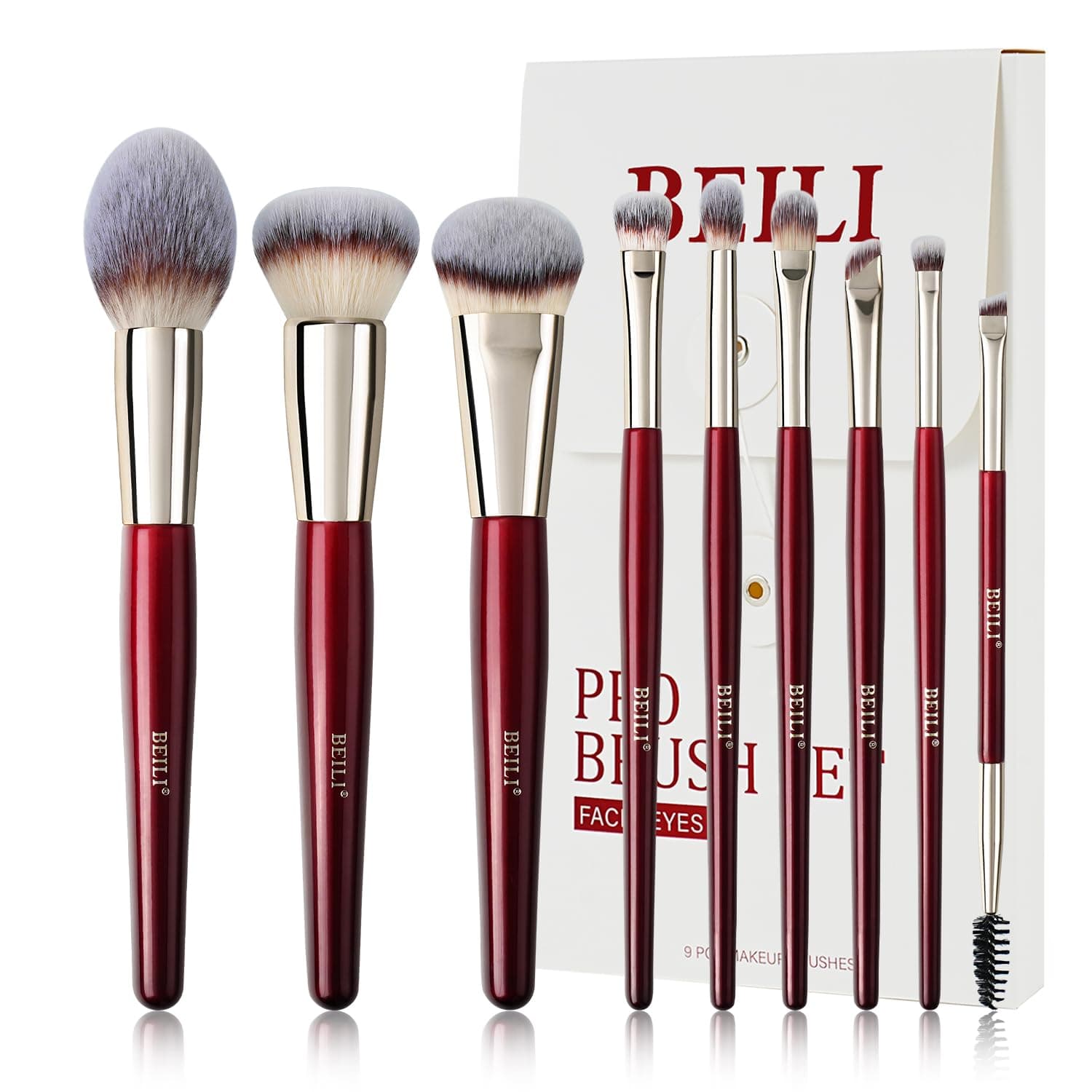 BEILI Makeup Brushes 9Pcs Make up Brushes Set Premium Synthetic Foundation Concealers Blush Eyeshadow Eyeliner Powder Highlighter Blending Face Brush Set(Red)