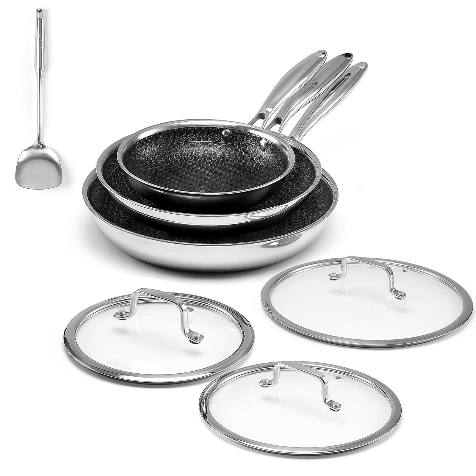 Cookware Set, Hybrid Skillets and Frying Pans Set(8+10+12inch), PFOA Free Kitchen set Dishwasher and Oven Safe Induction Compatible Stainless Steel Skillets