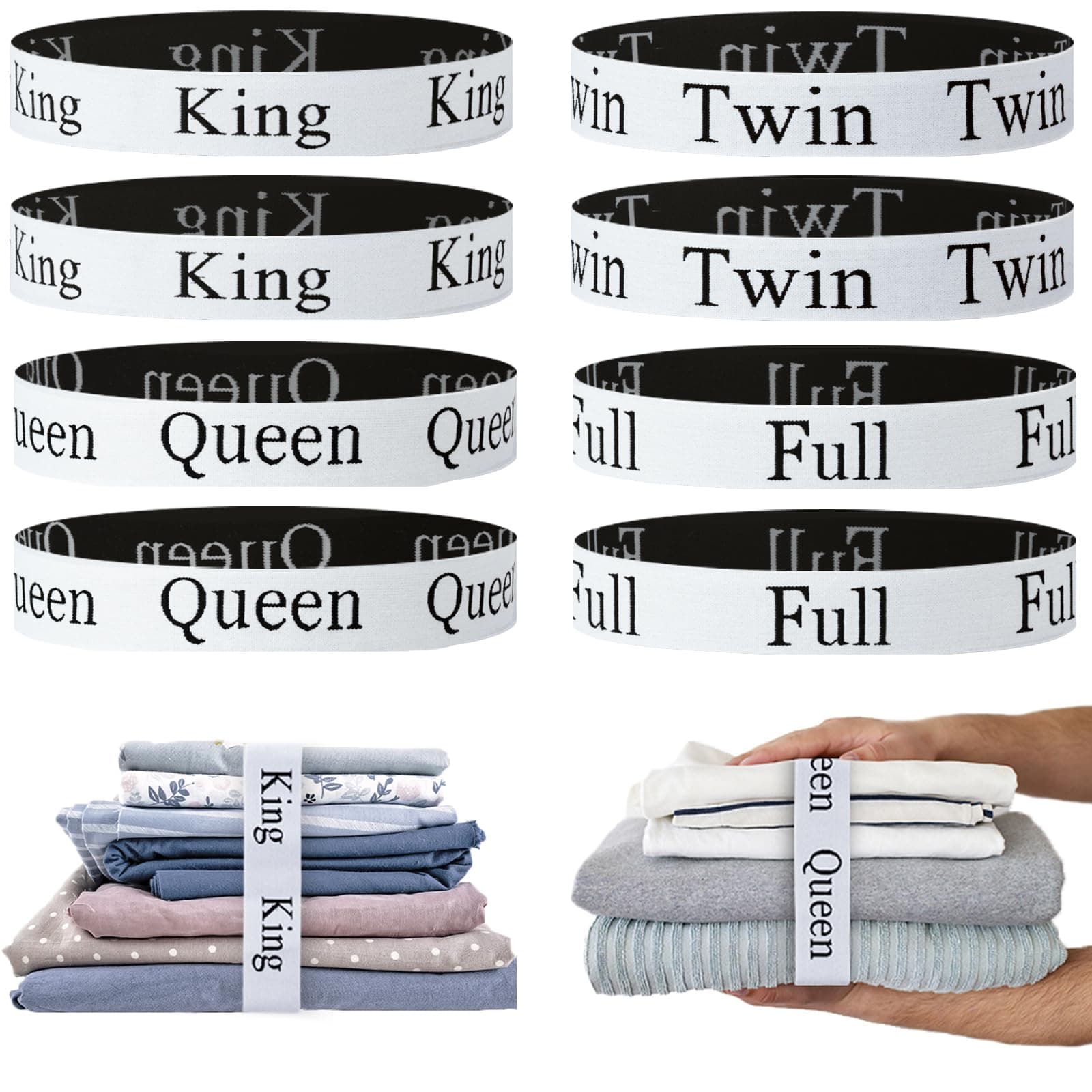 8 Pieces Bed Sheet Organizer Bands, Elastic Bed Sheet Straps Organizer and Storage Keepers, Linen Labels Bedding Bands for Closet, Bedroom, Dorm and Laundry Room (King Queen Twin Full)