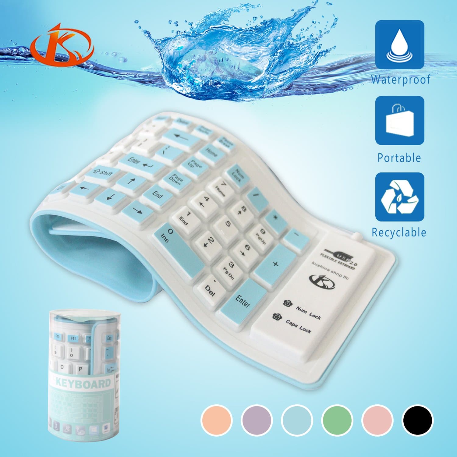 Kushina Foldable Silicone Keyboard USB Wired Flexible Soft Waterproof Computer Desktop Keyboard for PC Laptop Notebook (Blue)