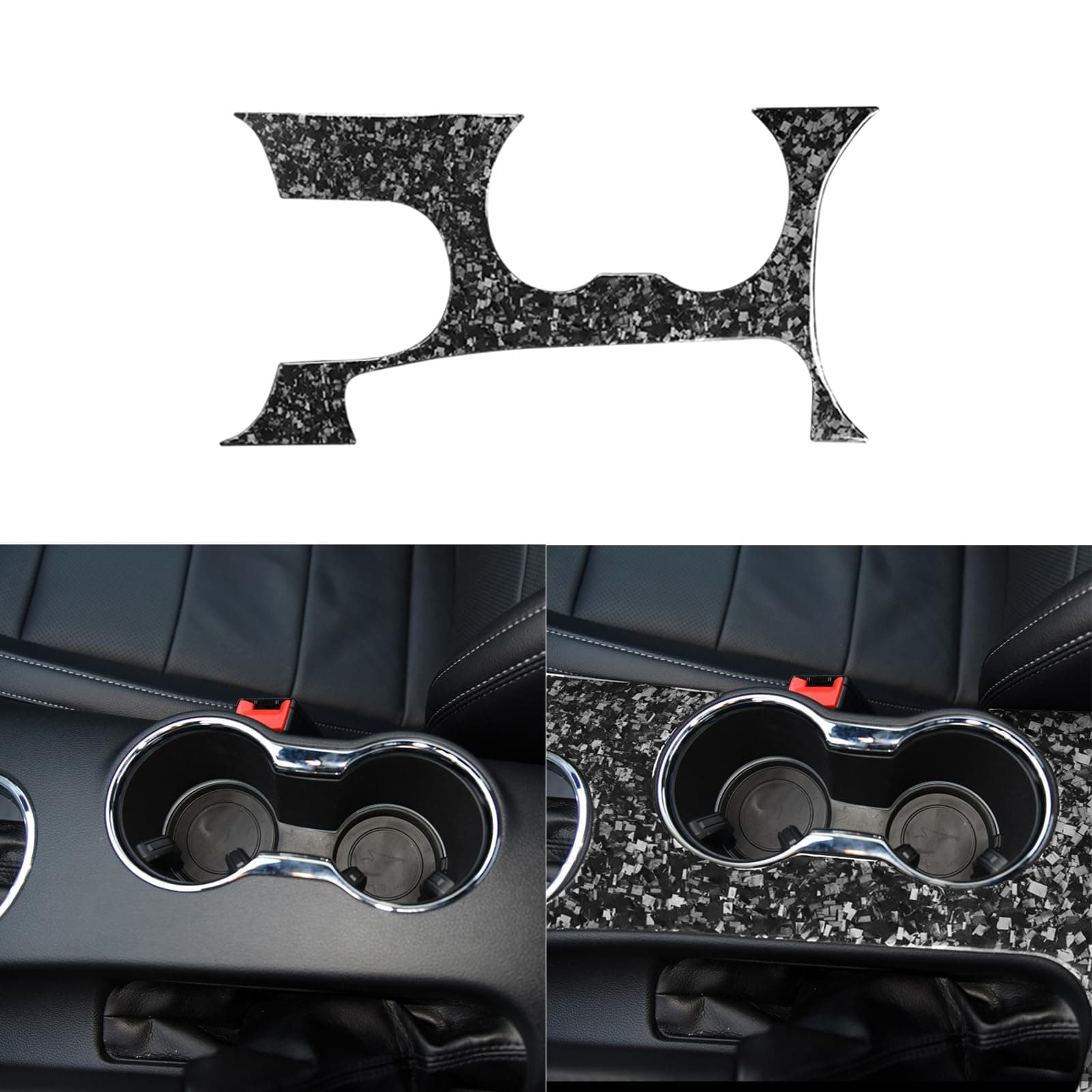 Car Center Console Shift Transmission Cup Holder Side Panel Cover Trim Sticker Glossy Black Forged Carbon Fiber Decoration Compatible with Ford Mustang 2015-2020 Auto Interior Accessories