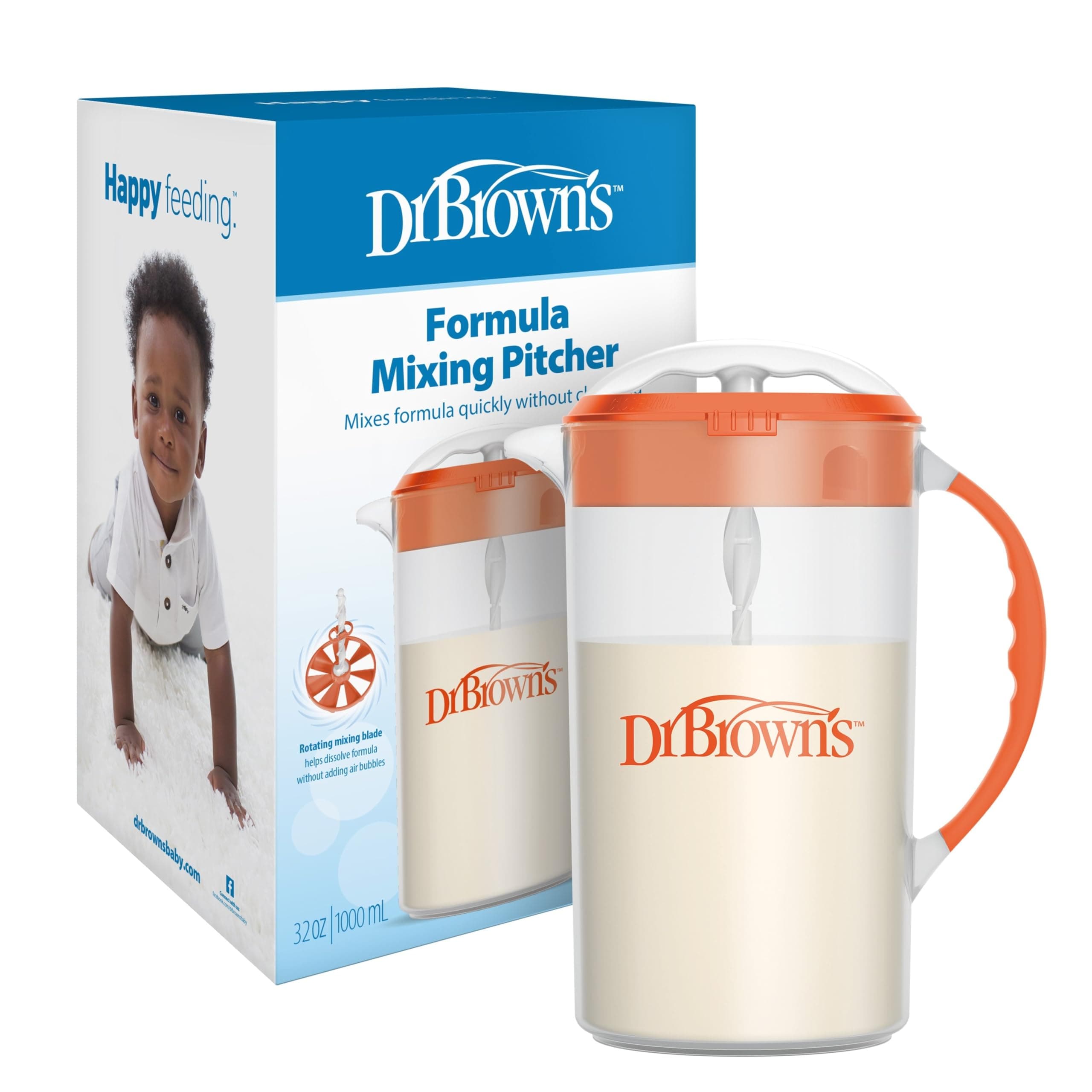 Baby Formula Mixing Pitcher with Adjustable Stopper, Locking Lid, & No Drip Spout, 32oz, BPA Free, Orange