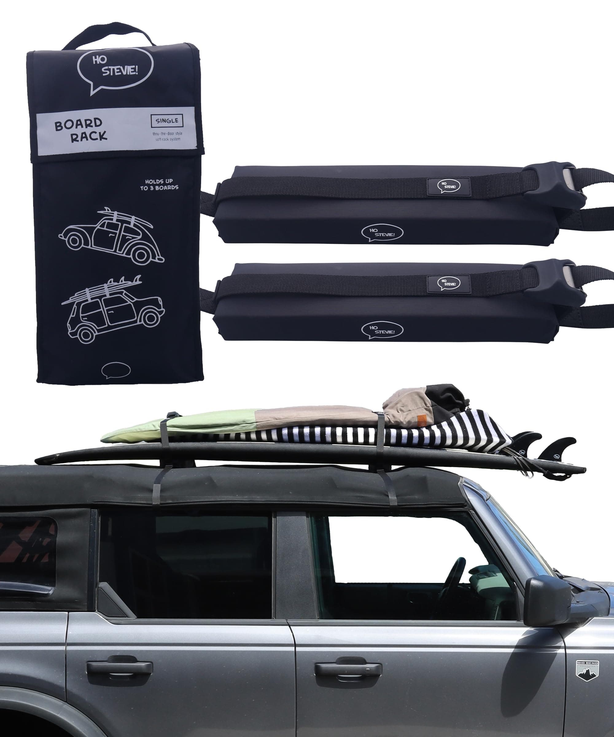 Ho Stevie! Surfboard Car Racks - Padded System, Easy Setup Any Car, ‘No Scratch’ Buckles - Strap Up to 3 Boards to Car Roof