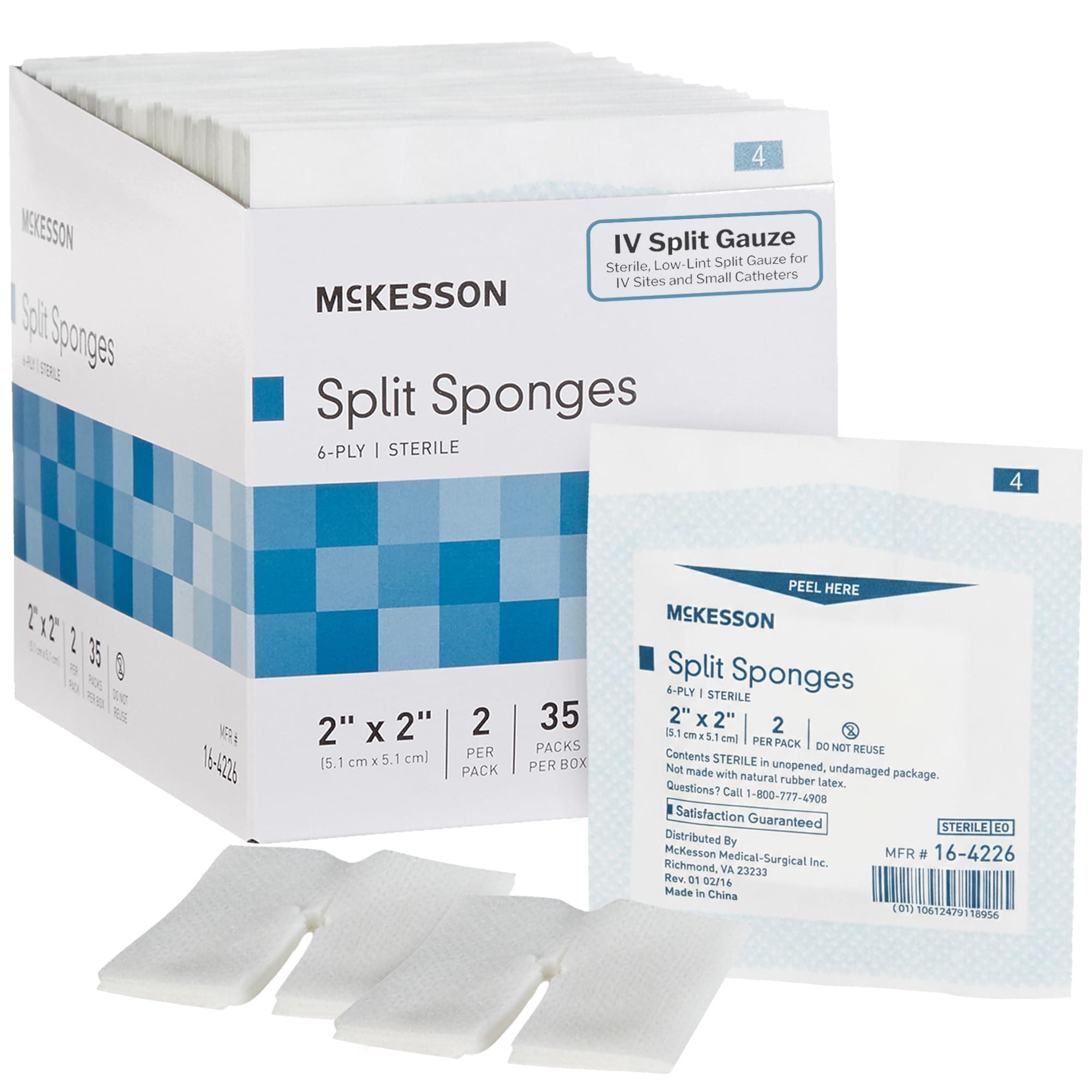 McKesson Performance Plus Gauze Split Iv Sponge 6Ply Sterile 2"X2" - Box of 35 - Model 22352000