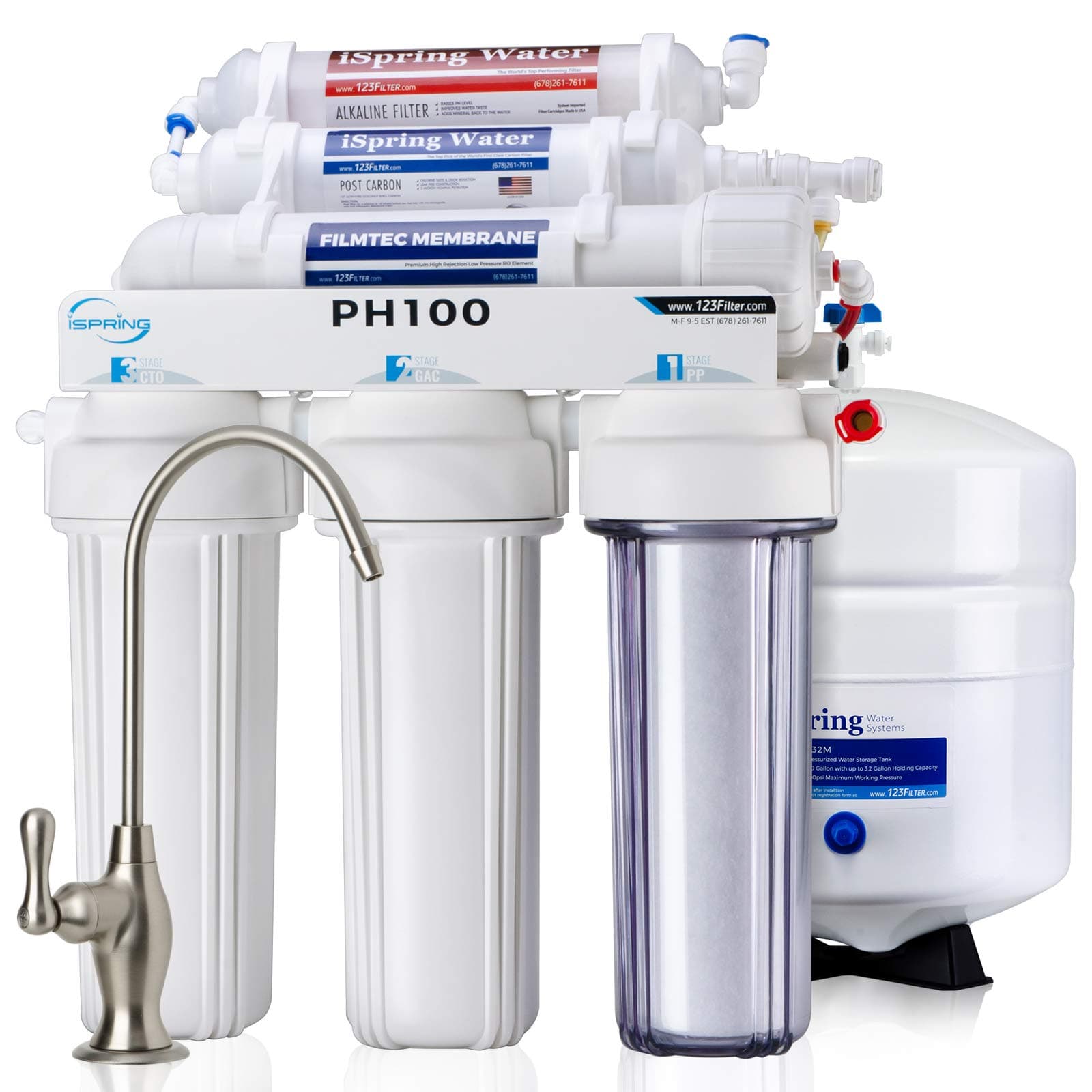 PH100 Alkaline Reverse Osmosis Water Filter System, pH+ Remineralization 6-Stage Under Sink RO Drinking Water Filtration System 100 GPD Fast Flow 1:1 Pure to Waste Ratio, US Made Filters