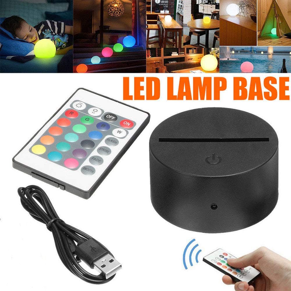 LED Lamp Bases for 3D Led Night Light, ABS Acrylic Black 3D LED Lamp Night Light Base Tough+USB Cable+Remote Control