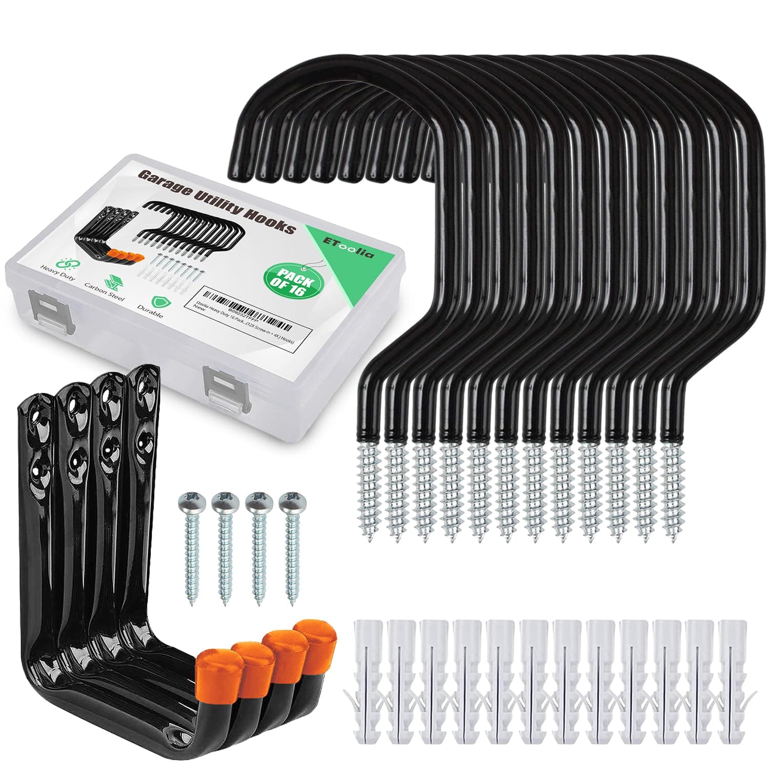 Heavy Duty 16 Pack Garage Utility Hooks for Bike Storage, Wall Mount Screw Ceiling Hooks - Hanger for organizing Bikes, Ladder, Extension and Power Tools