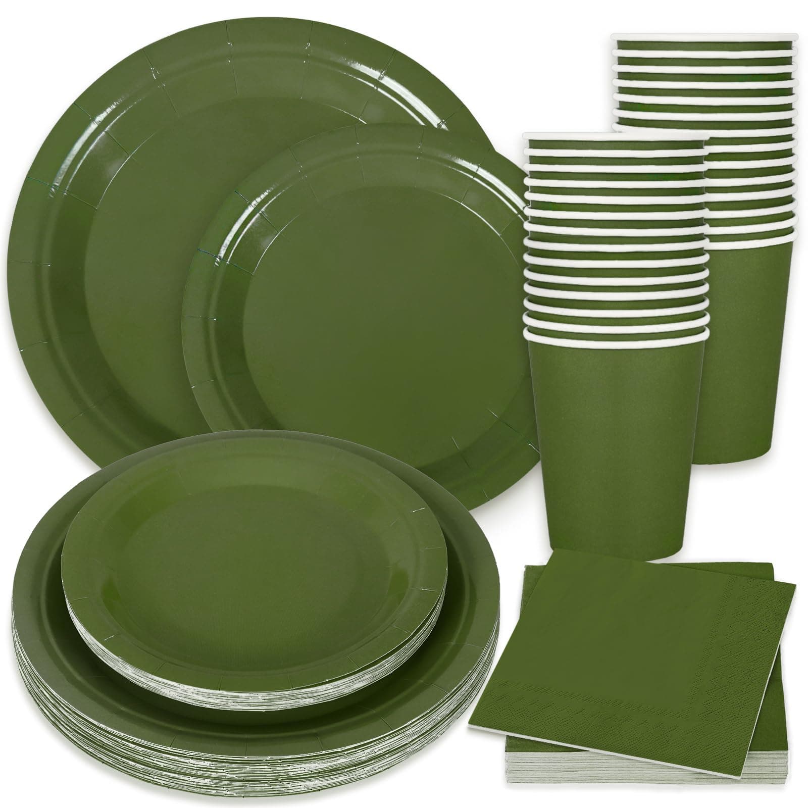 Whaline 100Pcs Olive Green Tableware Set Wedding Disposable Dinnerware Set 50Pcs Paper Plates 25Pcs Napkin 25Pcs Cups for Birthday Bride Shower Party Supplies Table Decorations