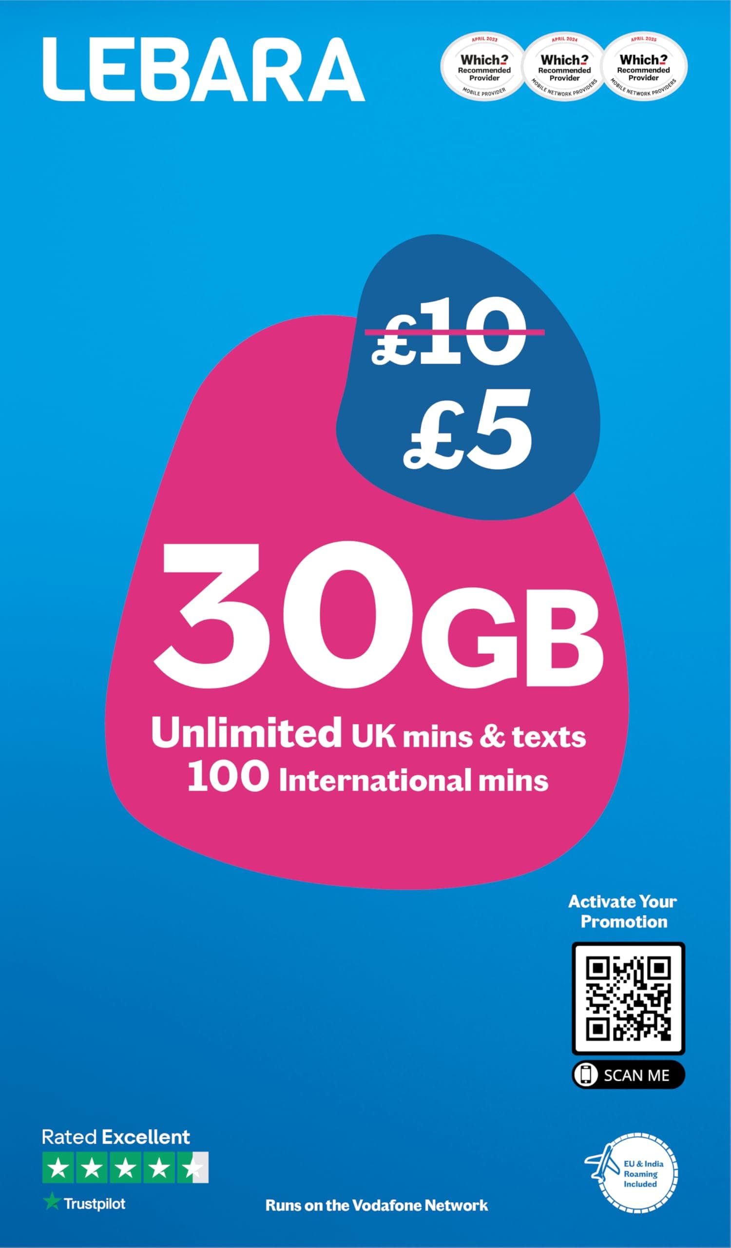 – Mobile SIM Card: 30GB Data Plan for £5, Half Price for First 3 Months, No Contract, UK Calls, Texts, International Minutes, EU and India Roaming Included, Fits All Devices