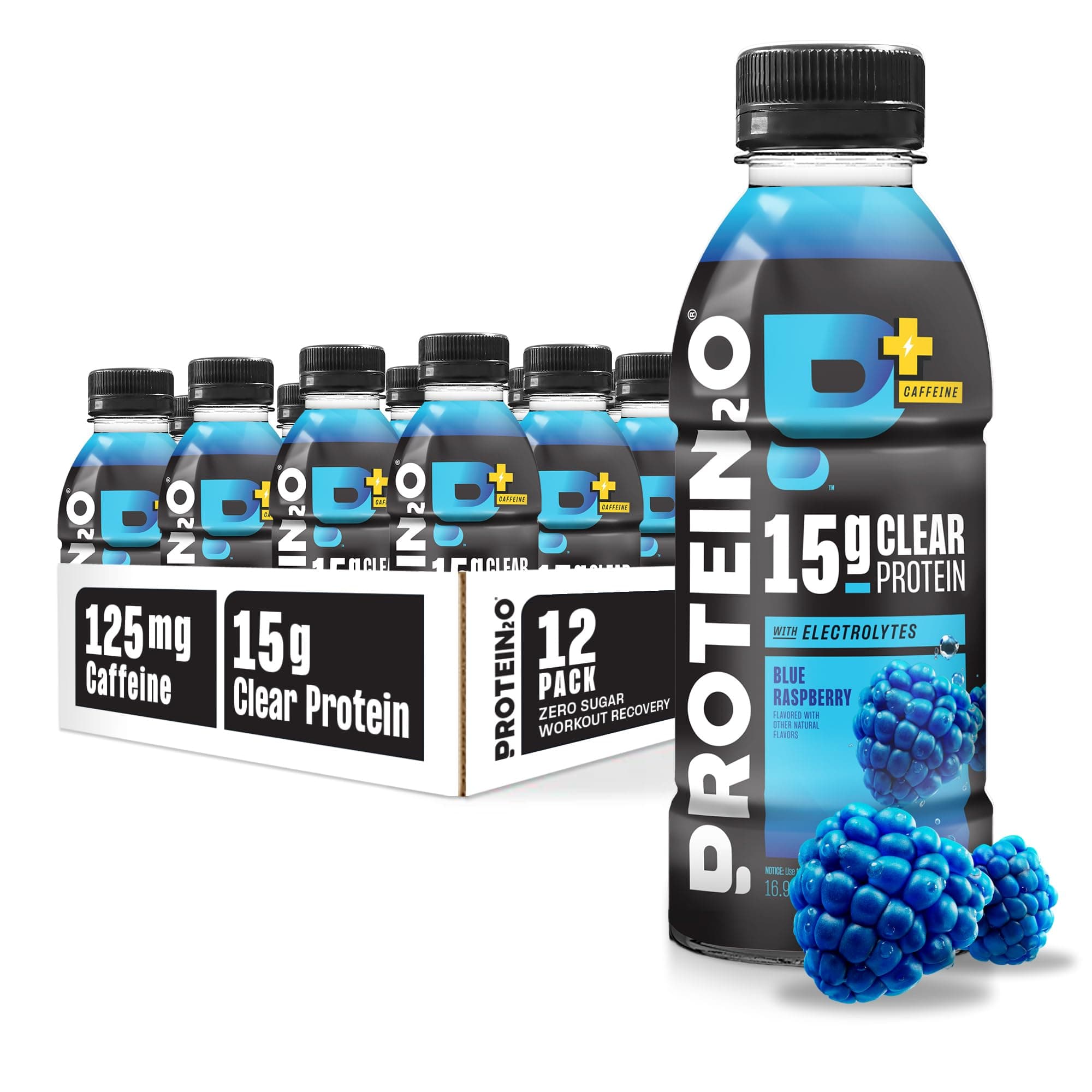 Protein2o 15g Whey Protein Isolate Hydration Drink Plus Energy & Focus, 350mg of Electrolytes, 125mg of Caffeine, Sugar Free, Blue Raspberry, 16.9 oz Bottle (Pack of 12)
