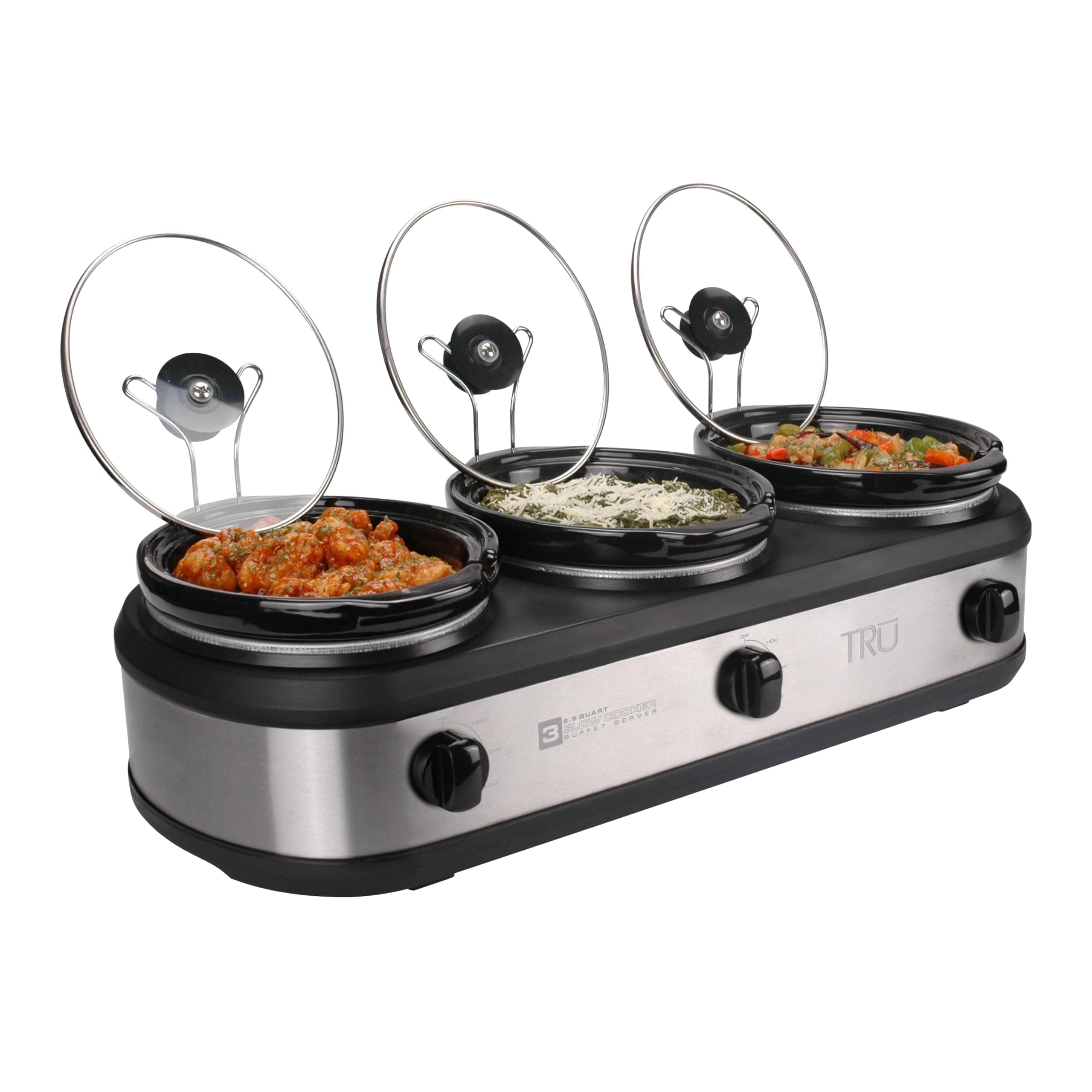 TRU Triple Buffet Server - Three 2.5 Quart Removable Crock Inserts - Slow Cooker & Food Warmer with Individual Heat Control - Includes Lid Rests & Serving Spoons