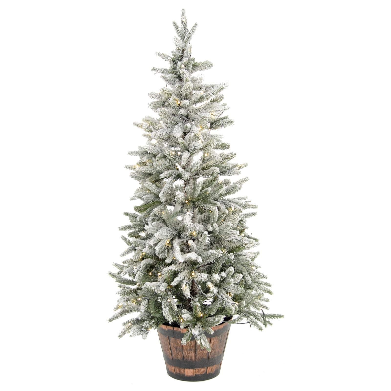 4.5ft Pre-Lit Christmas Tree Snow Flocked Pine Branches 150 Static LED Lights Barrel Potted Indoor Use 138cm