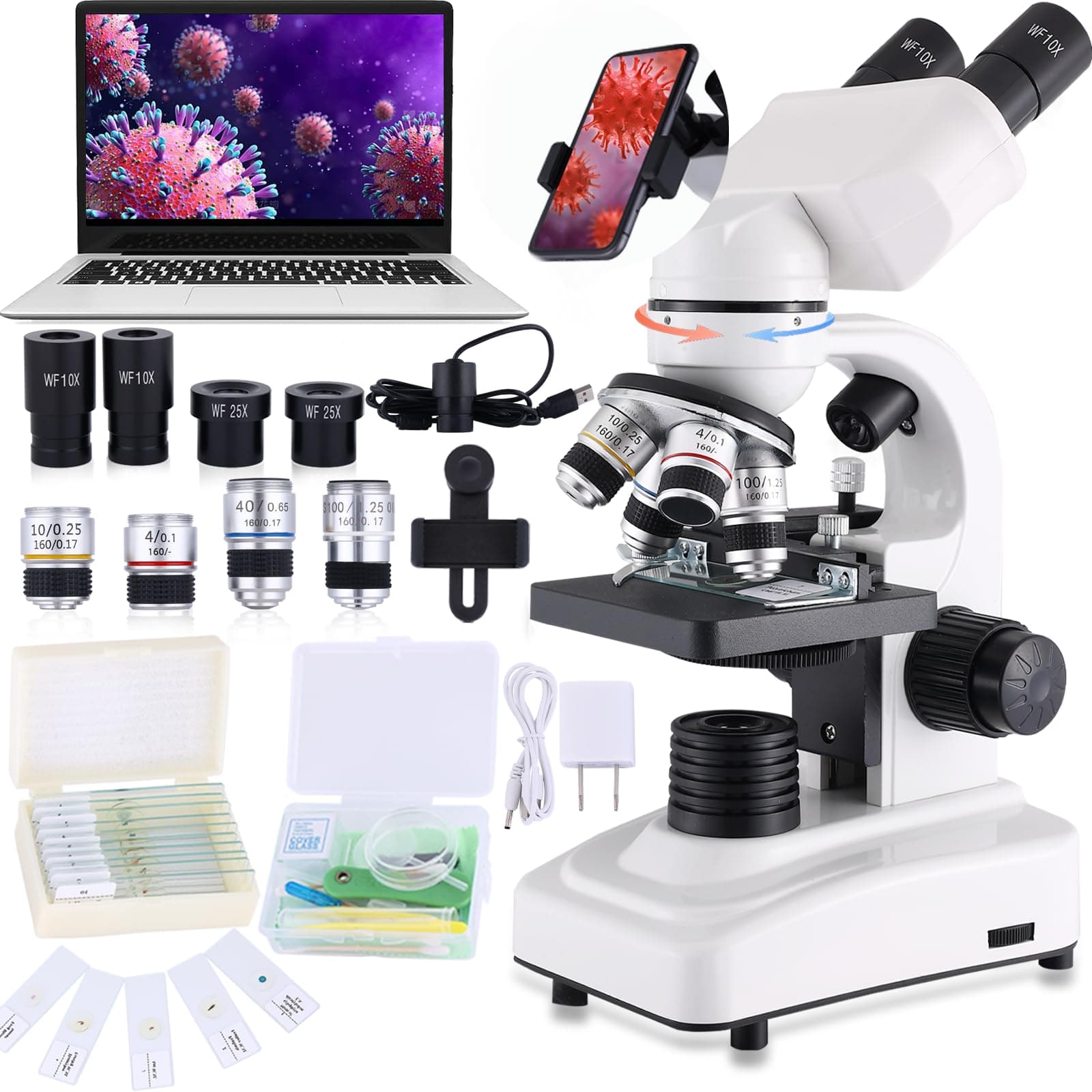 Herwicm Compound Microscope，40X-2500X Research Class Professional Microscope，WF10x and WF25x eyepieces, Dual LED Lighting and Two-Layer Mechanical Stage，Microscope for Adults…