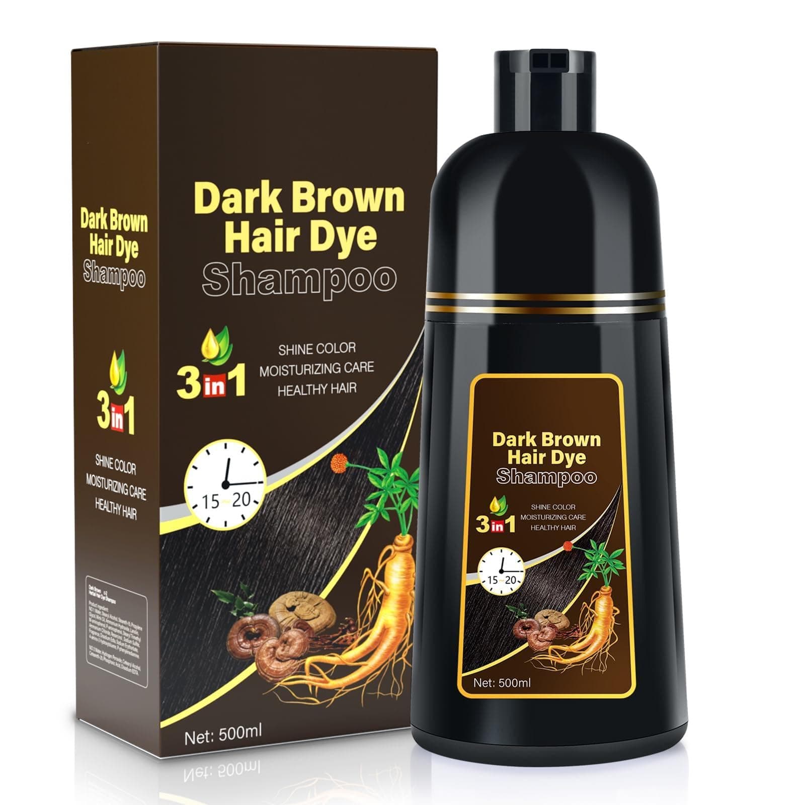Dark Brown Natural Hair Dye Shampoo 3 in 1, 16.9 Fl Oz/500 ML, Semi-Permanent Gray Hair Coverage, Unisex, Natural Ingredients,