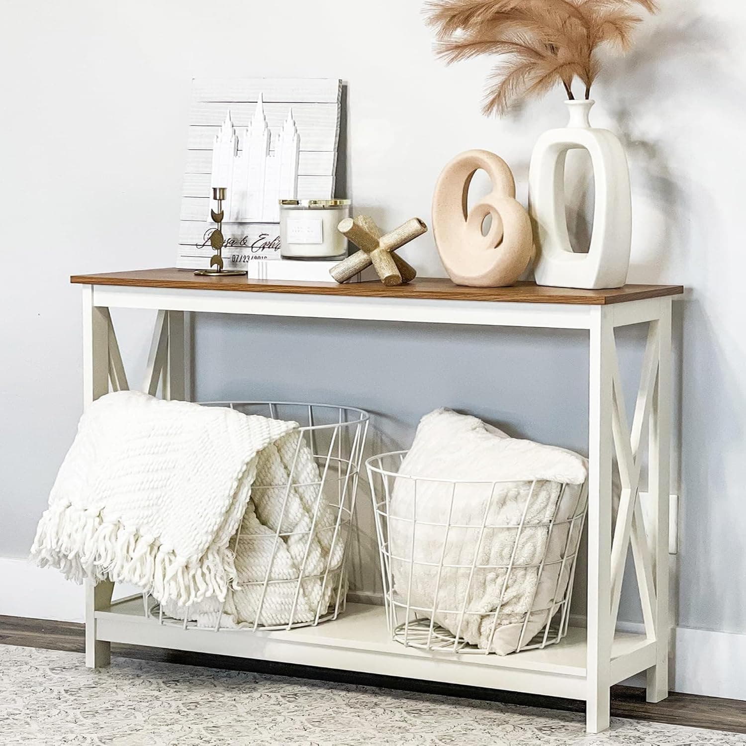 PHI VILLA White Entryway Table, Farmhouse Console Table Narrow Sofa Table Hallway, Ivory Skinny Entry Table