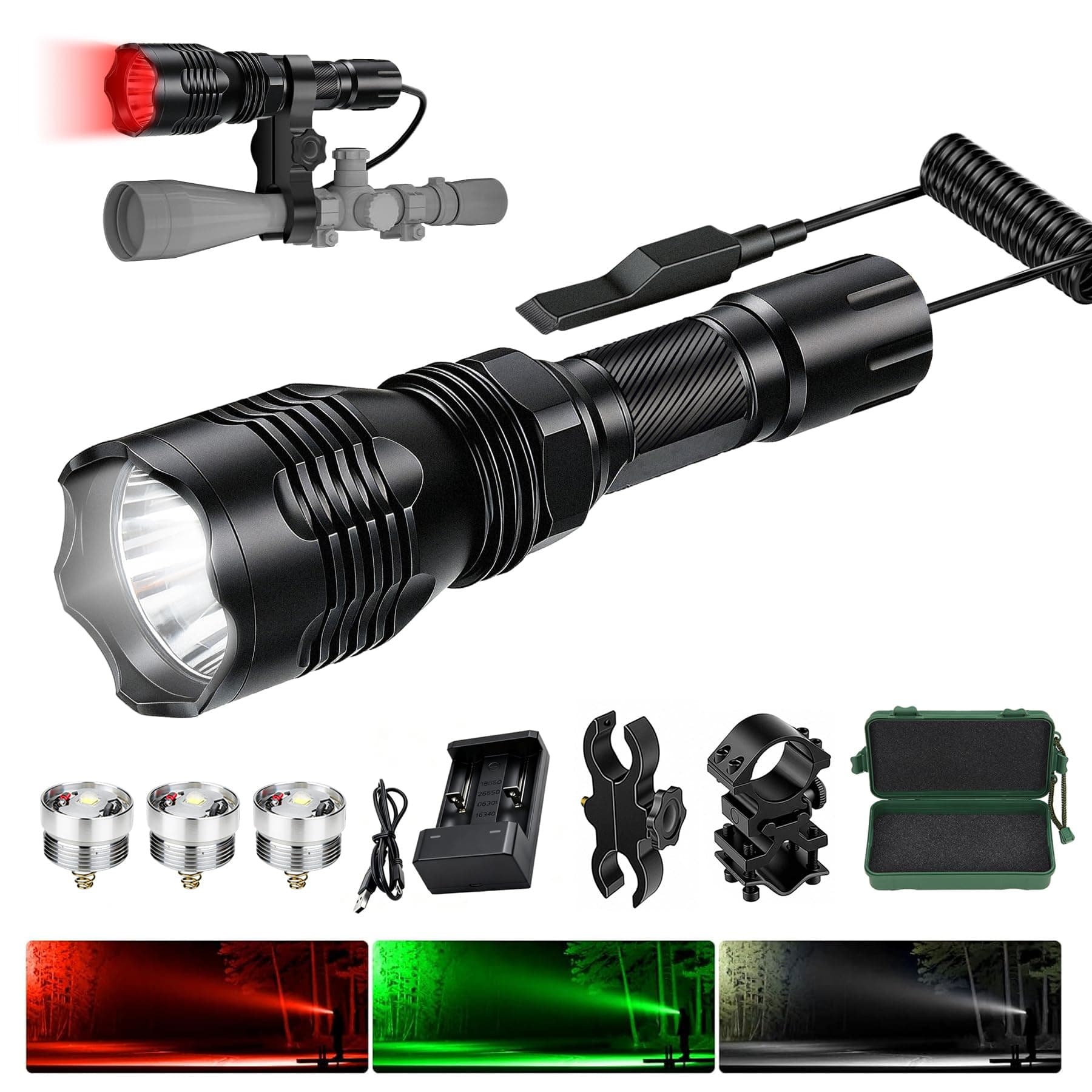 VASTFIRE Predator Light with Interchangeable (Red, Green, White) LED Hunting Flashlight with Scope Mount for Hog Coyote Coon Bobcat Raccoon Varmint Rabbit Night Hunting