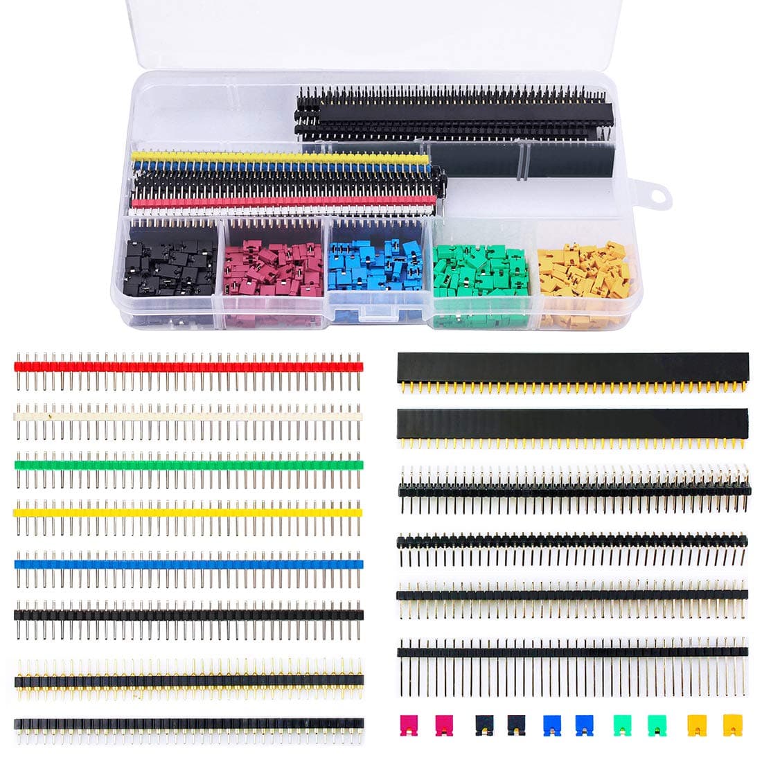 WayinTop Pin Headers Socket Connectors and Jumper Caps Assortment Kit, 300pcs 2.54mm Computer Jumper Caps + 35pcs PCB Board 40Pin Straight/Right Angle/Round Single/Double Row Male Female Pin Headers