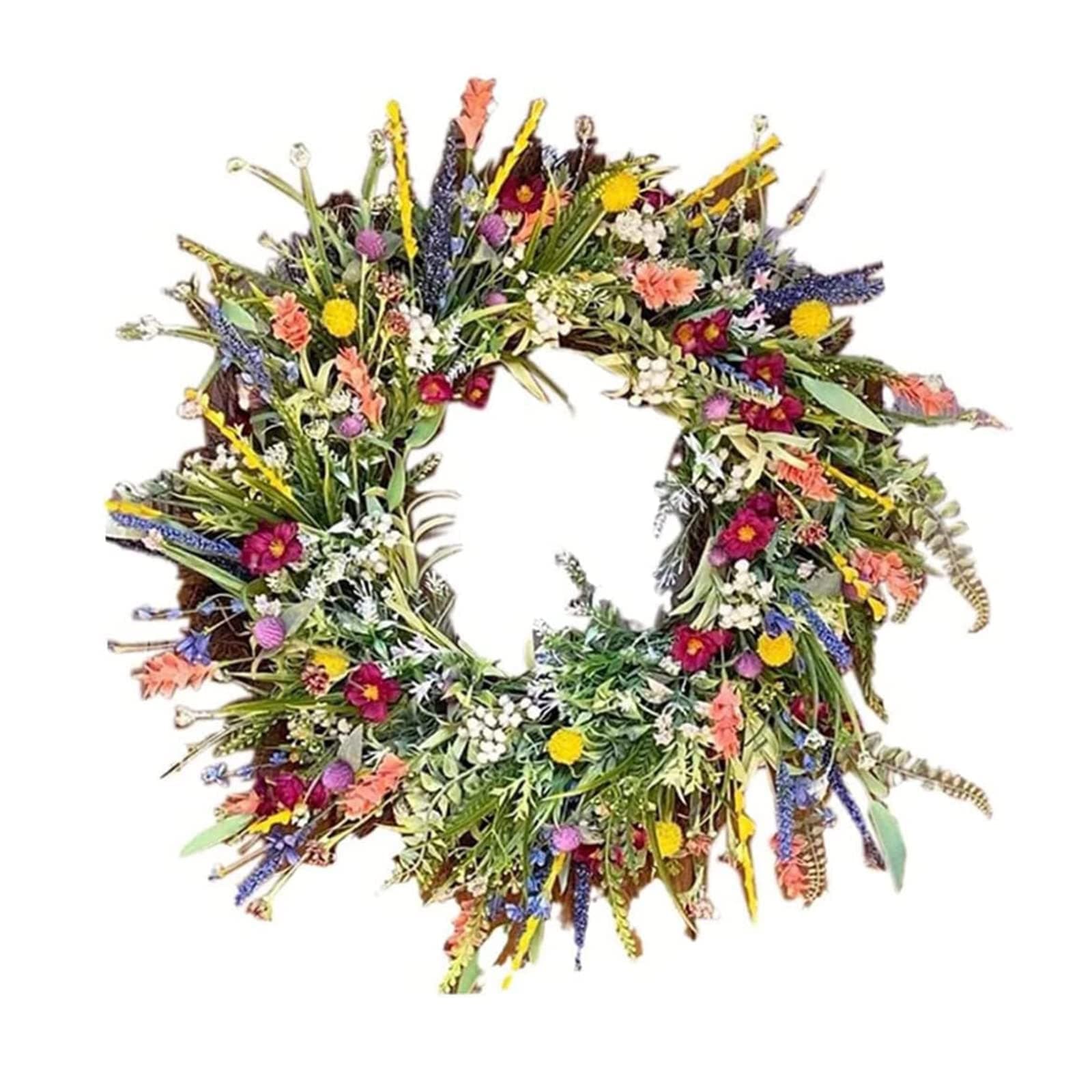 Spring Summer Wreath for Front Door - Artificial Wildflower Spring Wreath, Mixed Green Leaves and Flower Wreath, Everyday Flower Wreath for Indoor Outdoor and Easter Celebration (45CM)