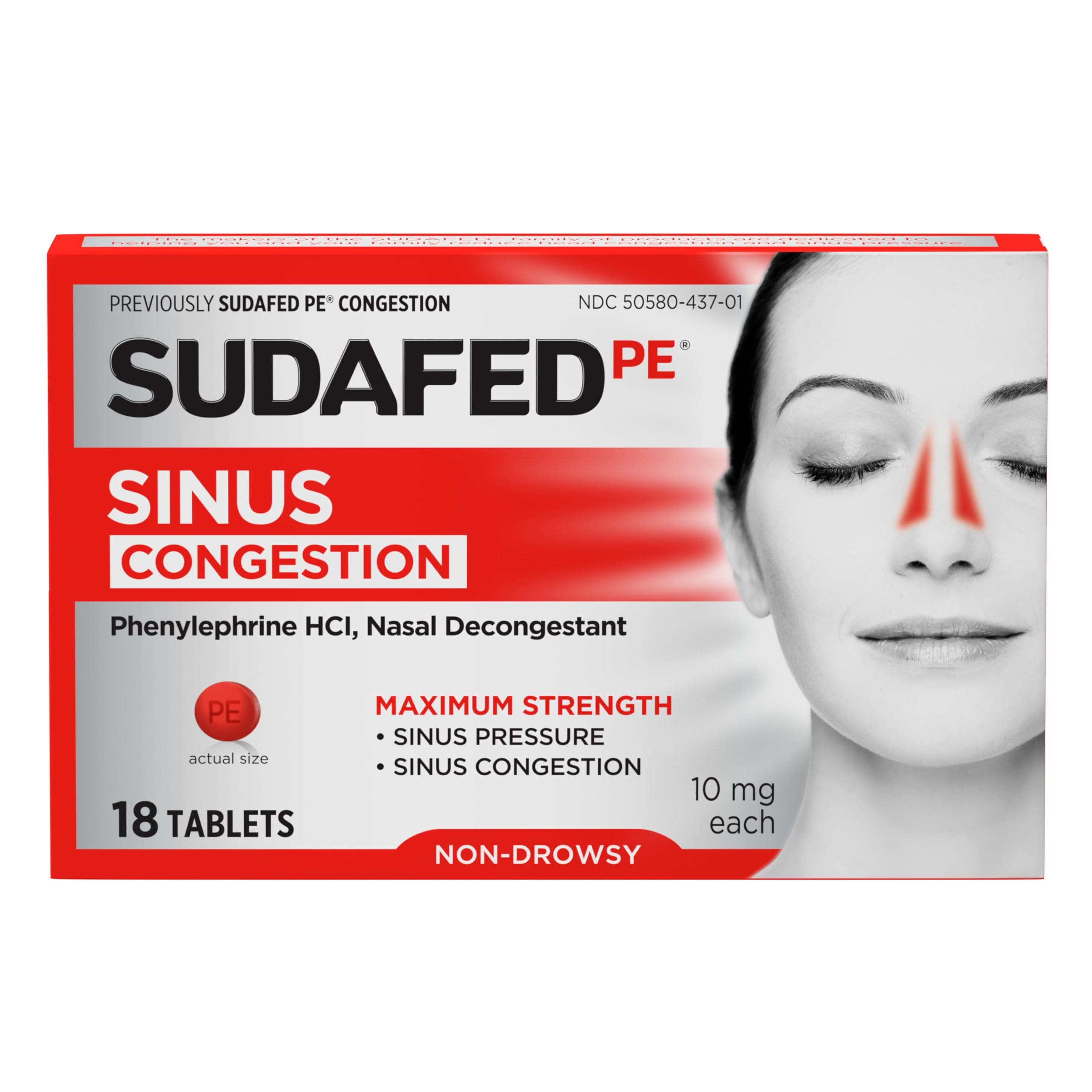 Sudafed PE Sinus Congestion Relief Tablets, Maximum Strength, Non-Drowsy 10 mg Phenylephrine HCI Decongestant for Sinus Pressure & Nasal Congestion Relief from colds or Allergies, 18 ct