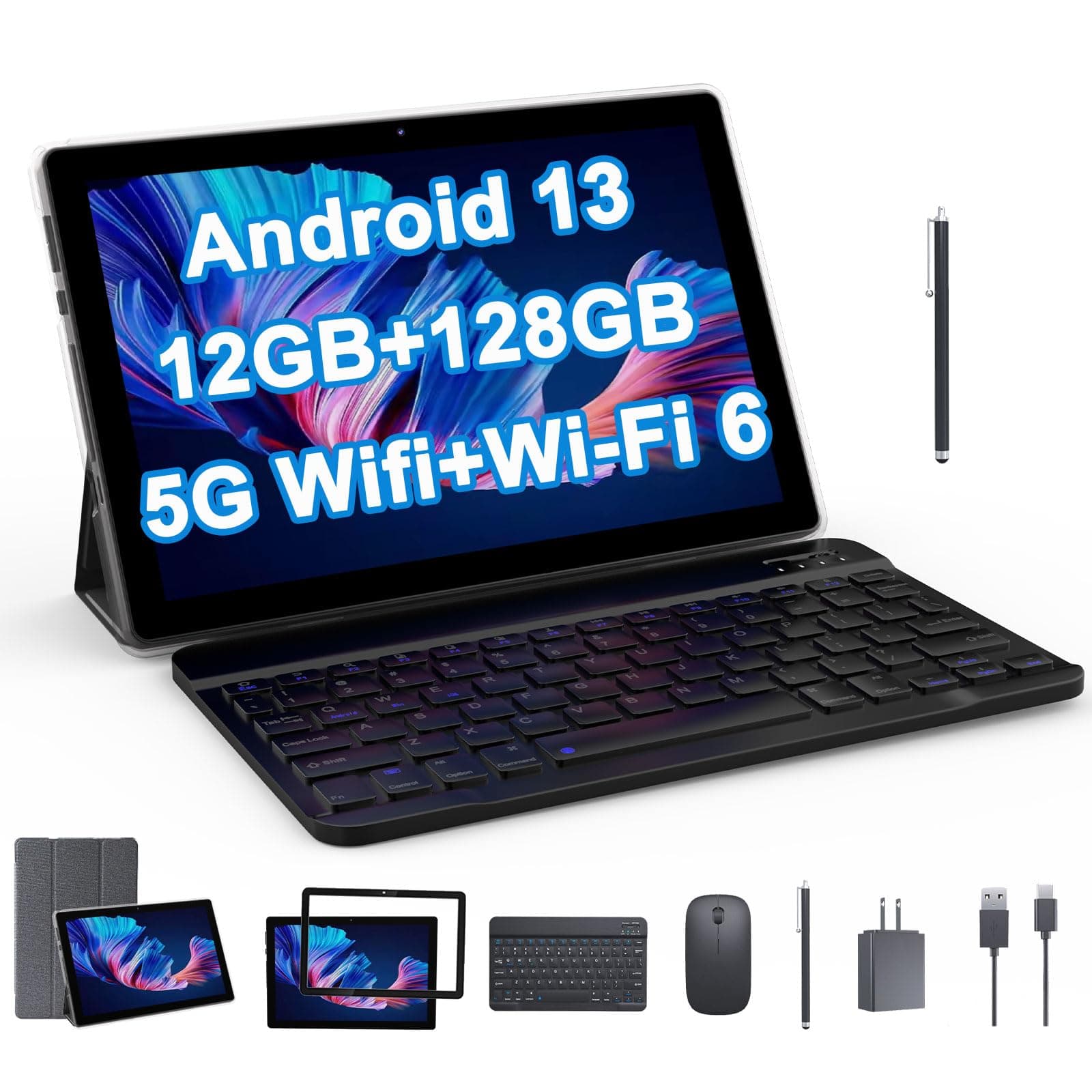 2024 Newest Android 13 Tablet with Keyboard 10 Inch 2 in 1 Tablets, 12GB RAM 128GB ROM 1TB Expand, Quad-Core 2.0GHz CPU Tablet PC, 5G WiFi 6 BT 5.0, 8MP Camera, Google Certified Tableta