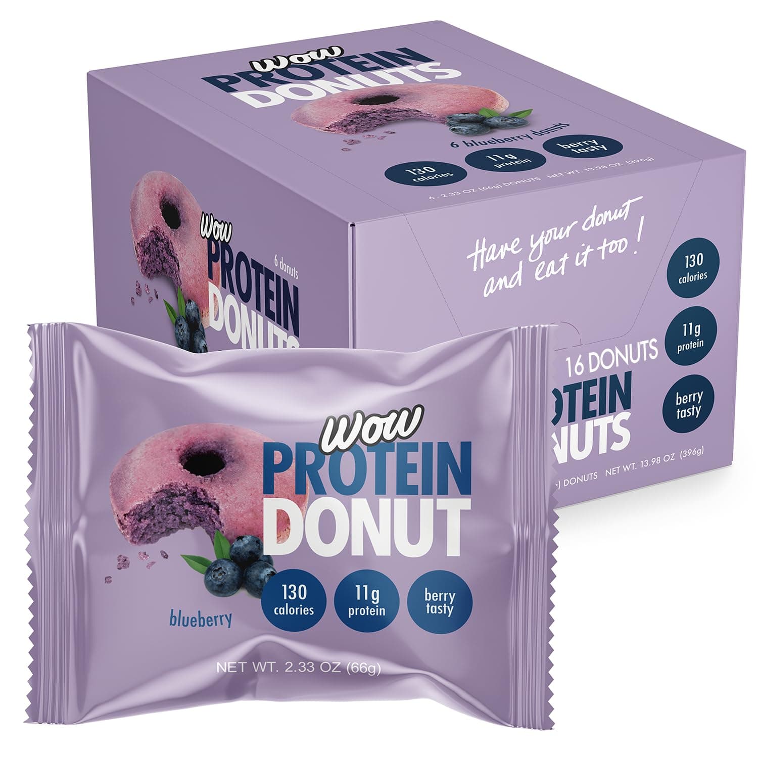 Wow! Protein Donuts, High Protein Snacks, Low Carb, Low Calorie, & Low Sugar, Healthy Snack with 11g of Protein (Blueberry, Pack of 16)