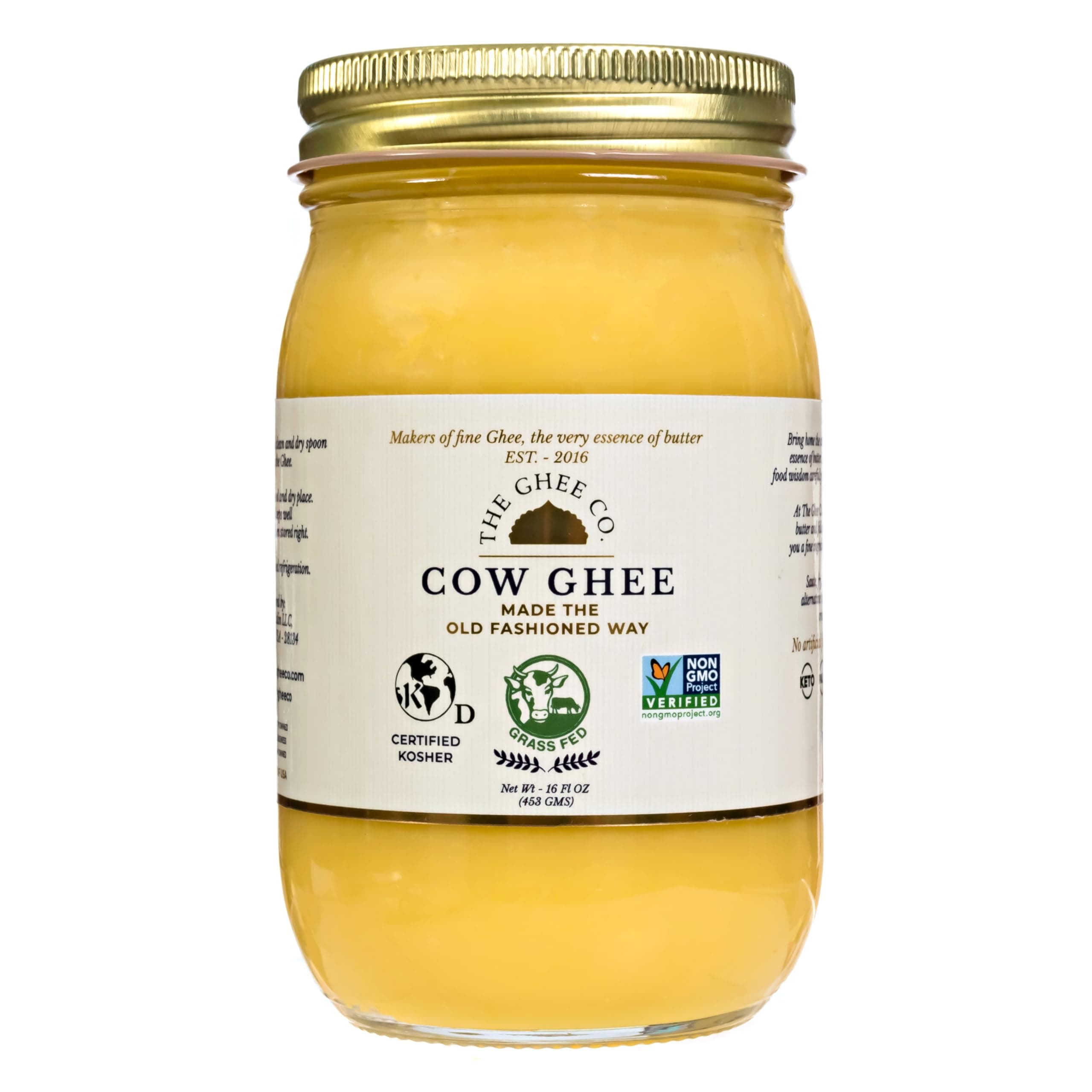The Ghee Co., Grass Fed Ghee, 16 Fl oz, Made with Grade AA butter, Lactose and Casein free, Paleo and Keto friendly, glass jar