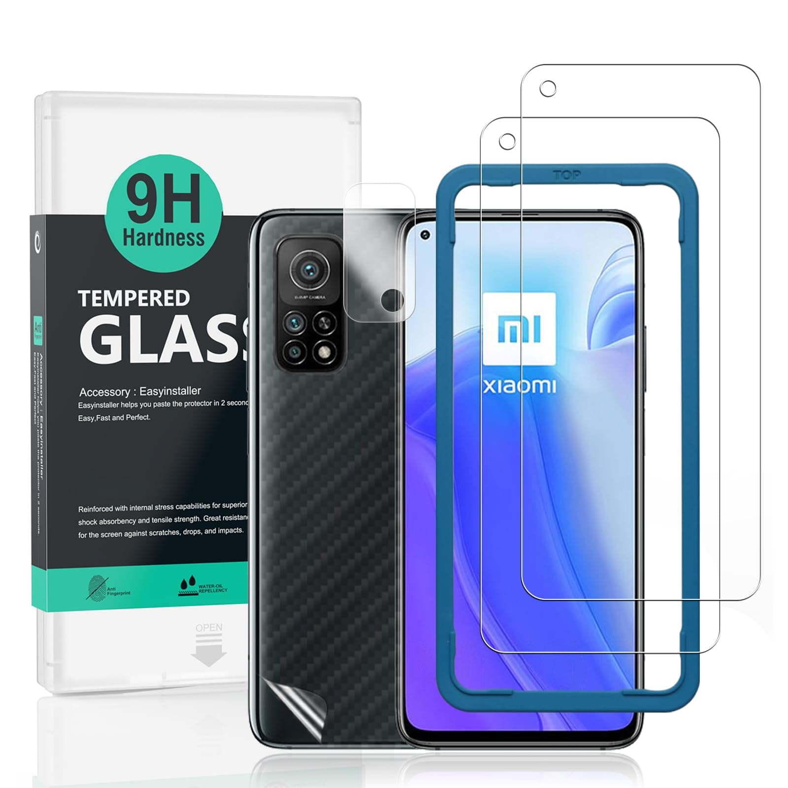 Ibywind Screen Protector For Xiaomi 10T/10T Pro,with 2Pcs Tempered Glass,1Pc Camera Lens Protector,1Pc Backing Carbon Fiber Film [Fingerprint Reader,Easy to install]