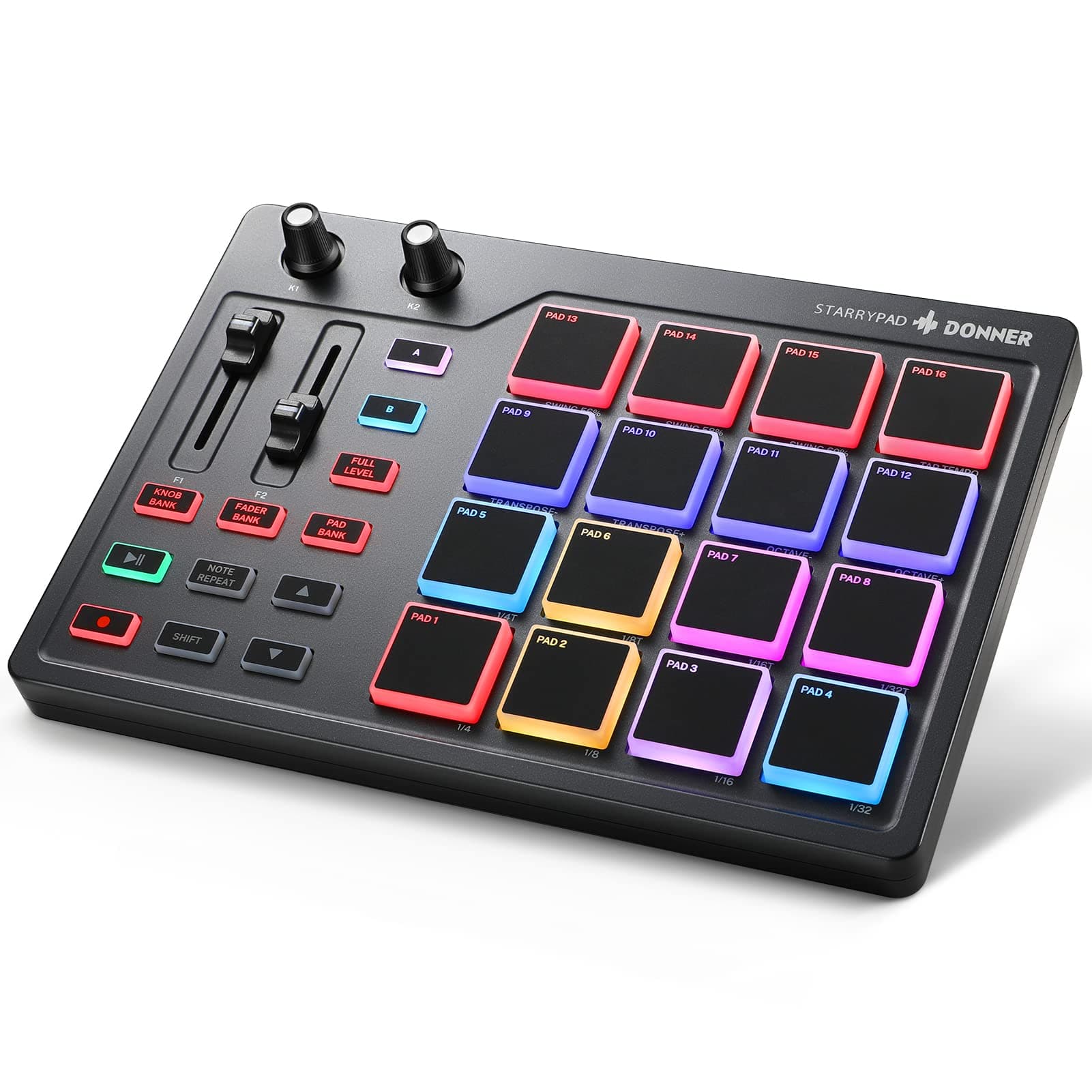 MIDI Pad Beat Maker with 16 Beat Pads, 2 Assignable Fader & Knobs and Music Production Software Included, USB MIDI Pad Controller STARRYPAD with 40 Free Courses