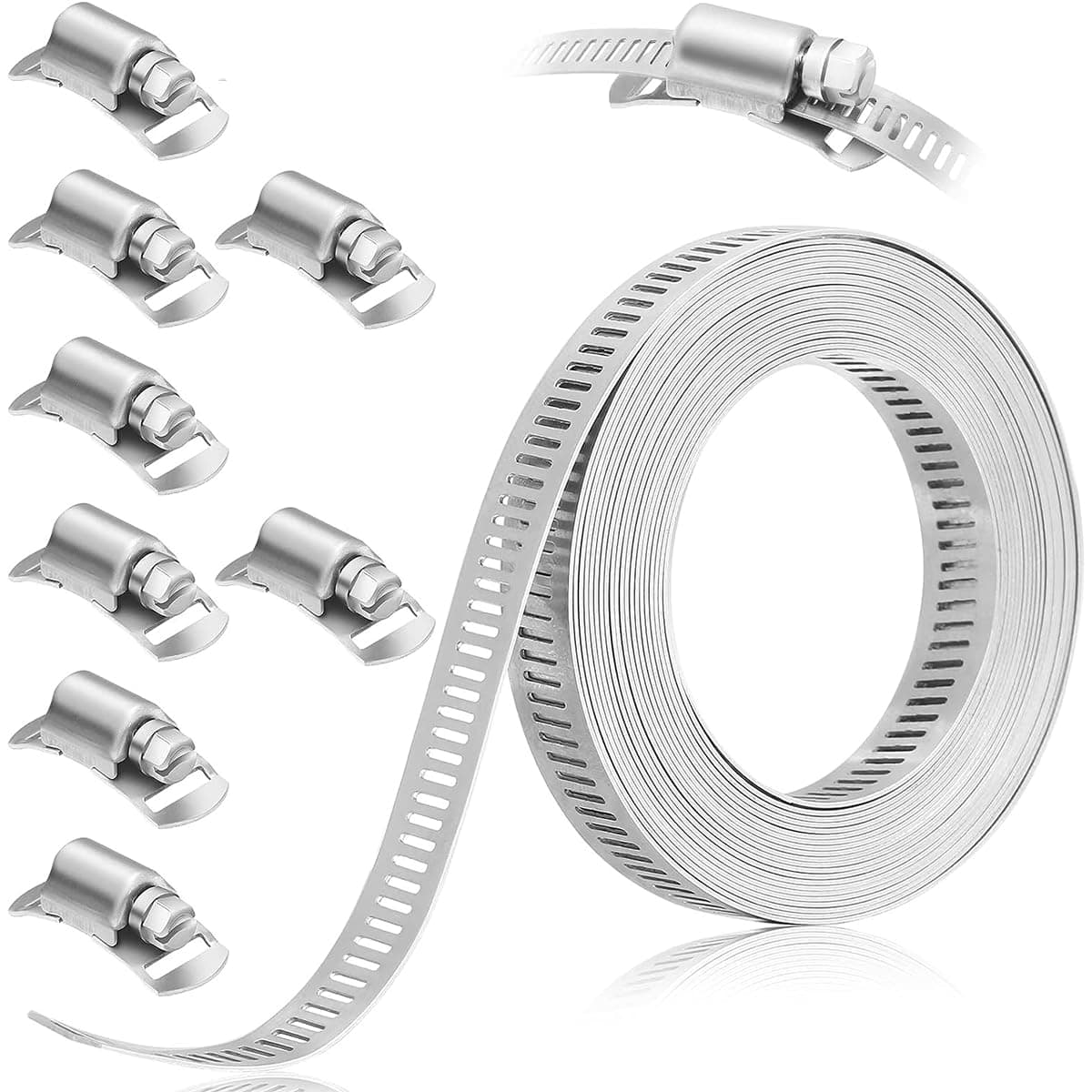 Serplex® 13.3ft Hose Clamp Roll DIY Hose Clamp Roll 304 Stainless Steel with 8 Fastening Bolts Attachment Cuttable Band for Plumbing,Pipe Repairing,DIY