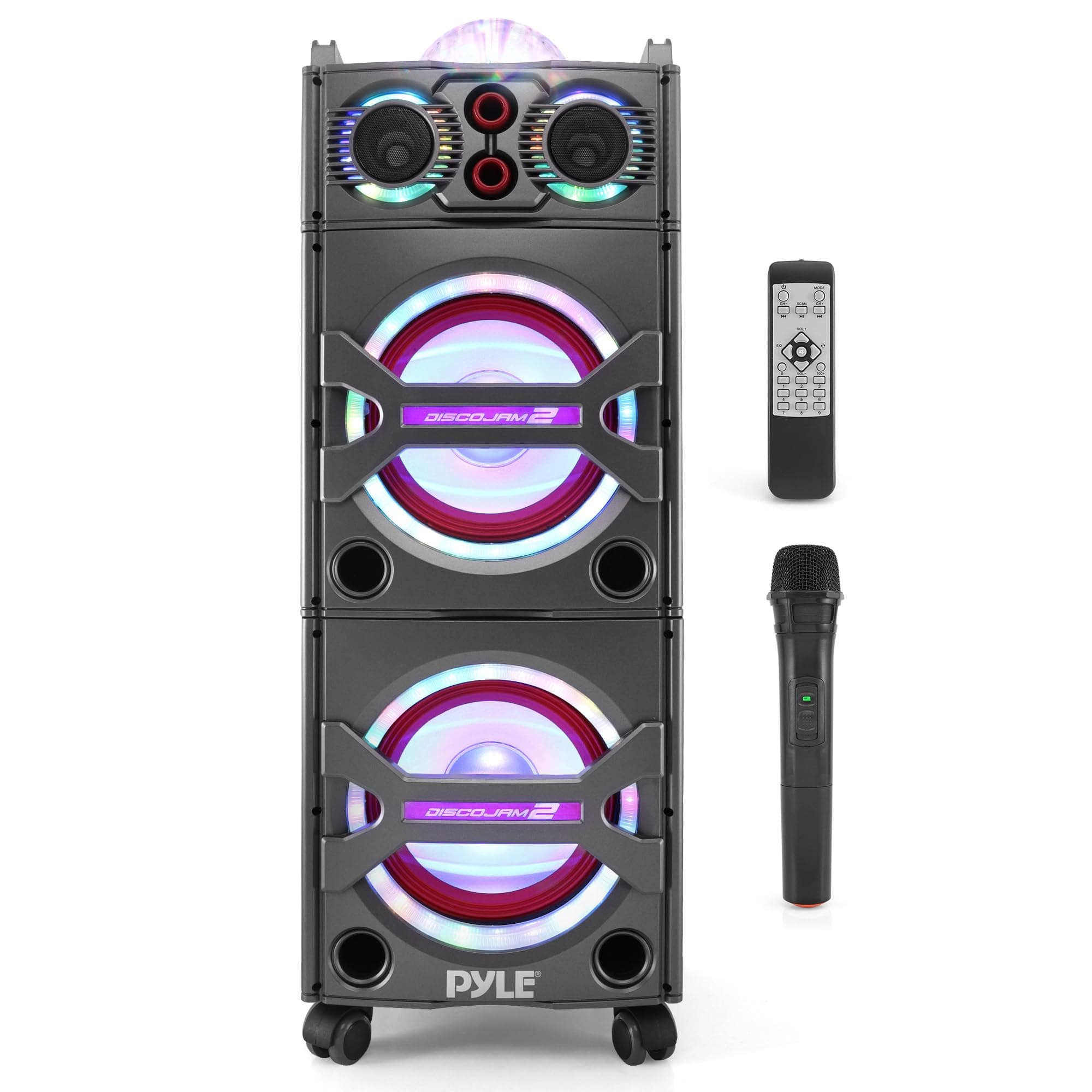 Pyle Portable Bluetooth PA Speaker System - 2000W Active powered Outdoor Bluetooth Speaker Portable PA System w/ Microphone In, Party Lights, USB SD Card Reader, AUX/RCA/FM Radio, Wheels - PSUFM1043BT